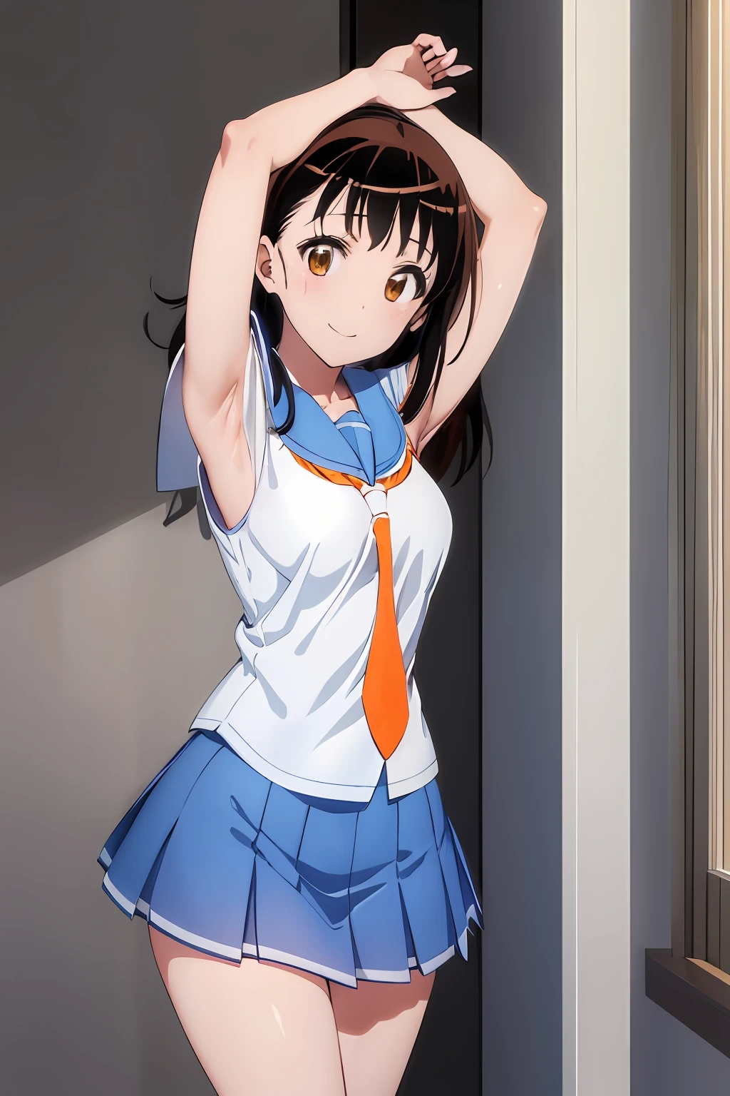 (extremely detailed CG unity 8k wallpaper), (masterpiece), (best quality), (ultra-detailed), (best illustration), (best shadow), (absurdres), 1girl, solo, onodera kosaki, school uniform, serafuku, orange tie, light blue skirt, own hands together, looking at viewer, smile, opened clothes, presenting armpit, armpit, arm up