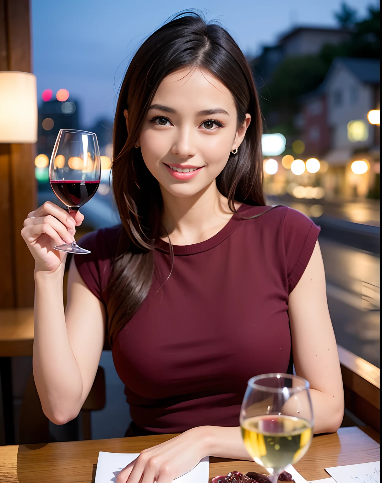 ((Highest quality、8K、masterpiece:1.3))、1 male、1 female、Couple、spouse、Couple、The body is slim、((Bob Hale、Straight hair:1.2)), (Realistic, Intricate details:1.2), テーブルの上のwine glass、Put the light on your face、 Amazing view of the sunset sky and clouds、Amazing mountain views、A bright smile、The wonderfulness of smile、Bright image、The beauty of wine, Beautiful Face, blue eyes, The light shines on your face, Blushing, short hair,Bright Face、 (Age 37), 39 years old, red wine 、Appetizers、Italian food、Wine bottle、Champagne、sparkling wine、Two beauties、Brown Hair、Shortcuts、Long sleeve shirt、dress、Beautiful woman 1, (slimな顔), (The body is slim), (Brown Hair), (Shortcuts), cheeks turn a little red,Attractive beauty、restaurant, In a prominent place (From the waist up) Nova Frog Style, actress, model, Upper Body, White wine, slim, wine glass, 中央に置かれたwine glass, smile, (smile: 1.15), Beautiful fine grain, Depth f/2,saturation, High Contrast, Strong light and shadow,Moist Body:1.5、3D texture、Delicate eyes、Brown Hair、The hair is very shiny、