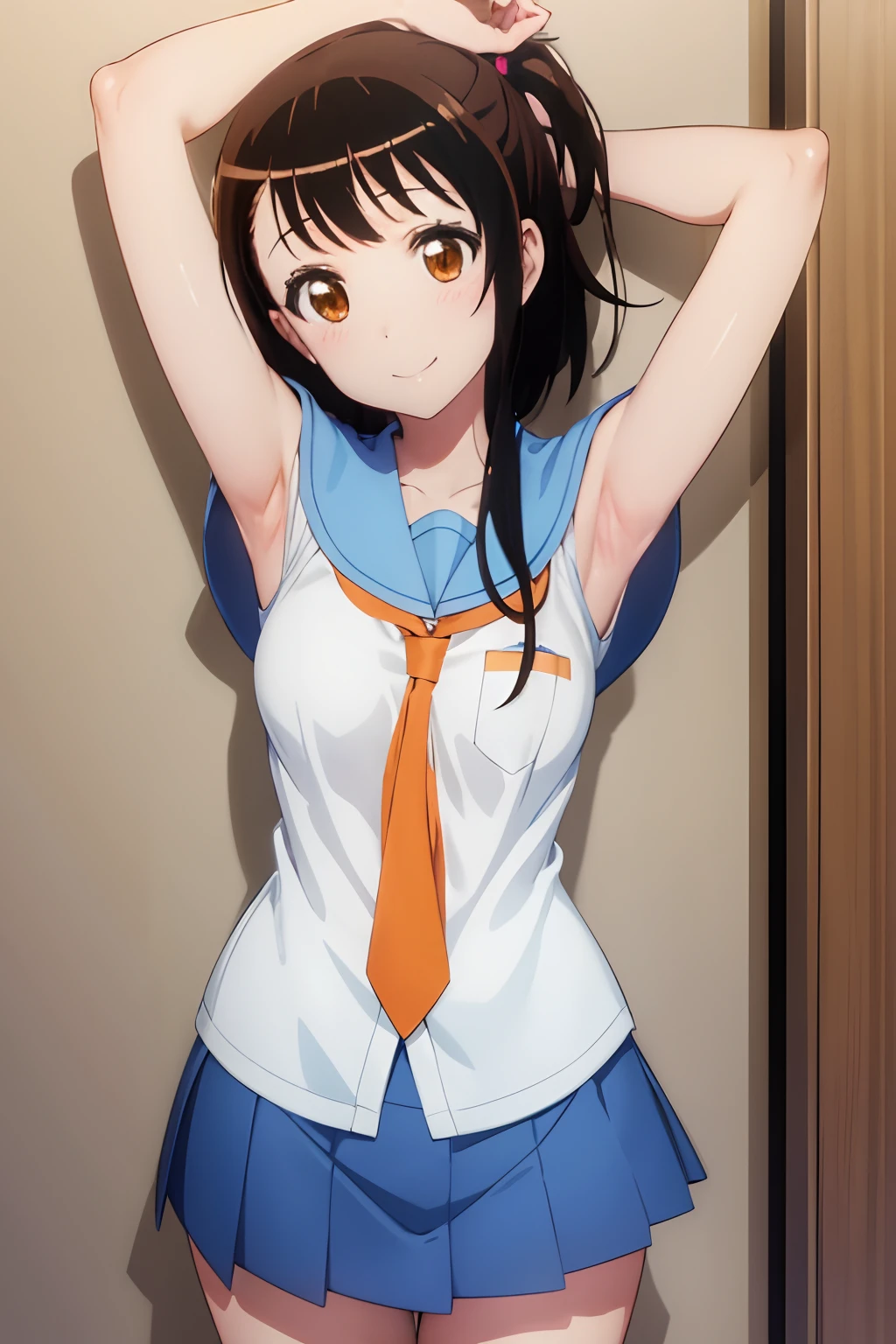 (extremely detailed CG unity 8k wallpaper), (masterpiece), (best quality), (ultra-detailed), (best illustration), (best shadow), (absurdres), 1girl, solo, onodera kosaki, school uniform, serafuku, orange tie, light blue skirt, own hands together, looking at viewer, smile, opened clothes, presenting armpit, armpit, arm up