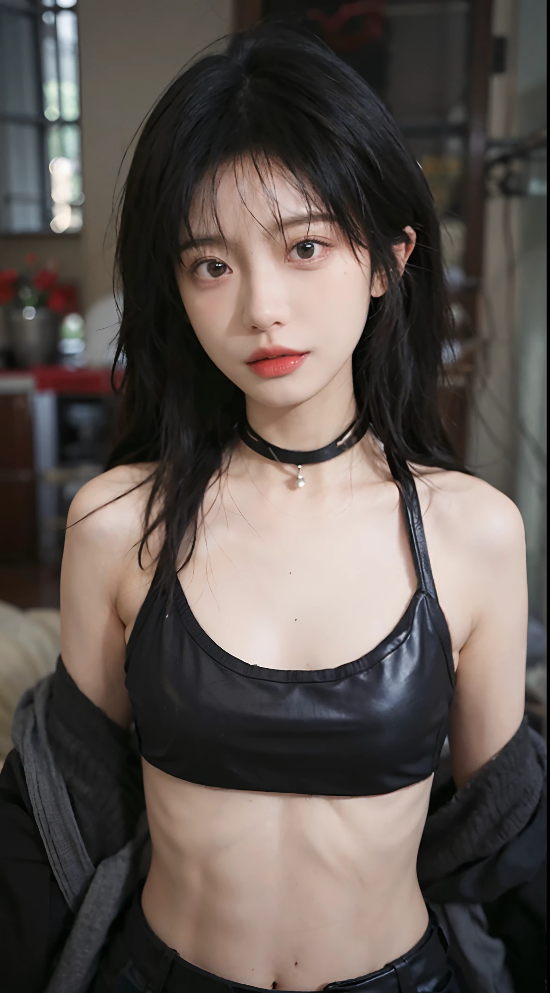 best qualtiy, 超高分辨率, (realisticlying:1.4),Baoyu Girl,lipsticks,1girll, ,Cropped red sweater,a sense of atmosphere,Beautiful woman with a slim figure:1.4, Abs:1.1, 浴室,Ultra-fine face,Leather clothes,Elaborate Eyes,二重まぶた,choker necklace