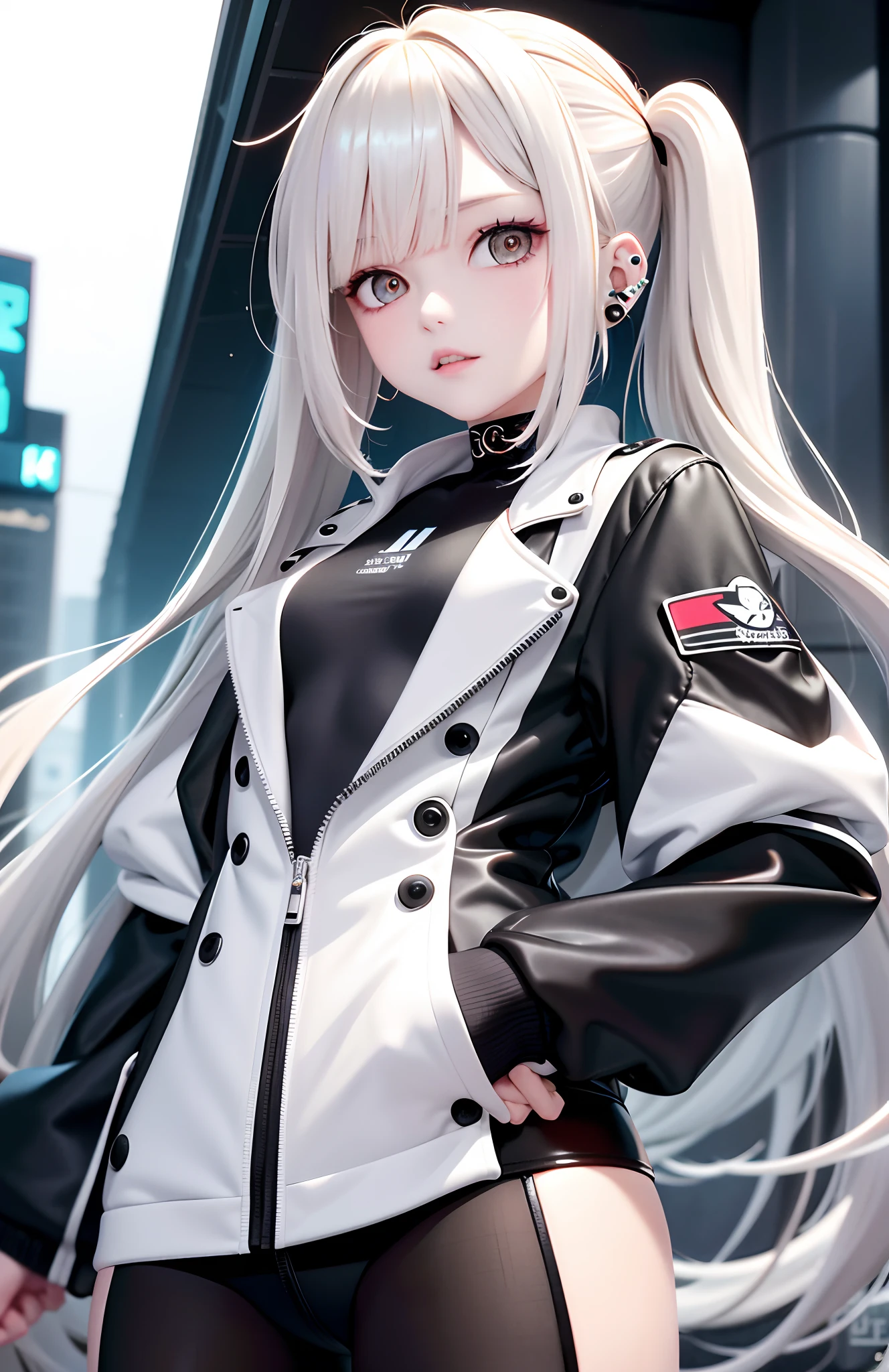 optimum,tmasterpiece,A high resolution,best qualtiy,hyper HD,super detailing,Award-Awarded,16k,独奏,(The upper part of the body),anatomy correct,Beautiful cyberpunk girl,cute face,,Gradient Beige Hair,Hairline,((Scarlet eyes)),long eyelasher,Hanging eye corners,White skin of the,(small boobs),(Slim body),((College uniforms and short jackets)),(),ear studs,(neck rings),(Laser material clothing:1.2)