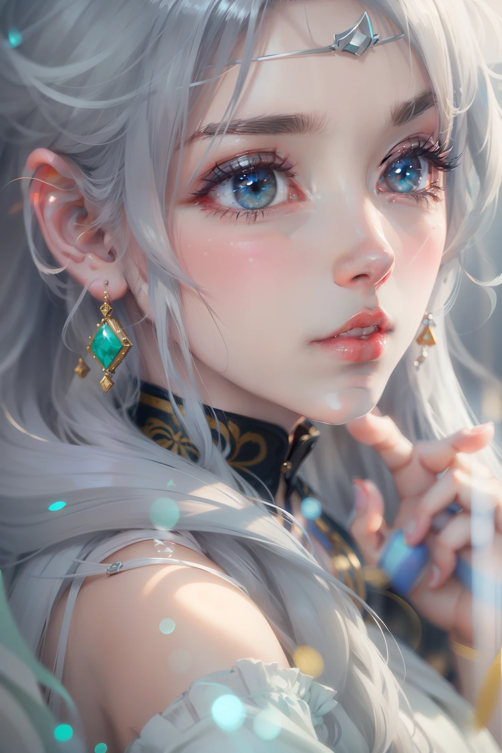 1 beautiful woman close-up, silver hair, long hair, hair ornament, mole under eye, aqua eyes, earrings, sad, tachi-e, first-person view, lens flare, depth of field, drop shadow