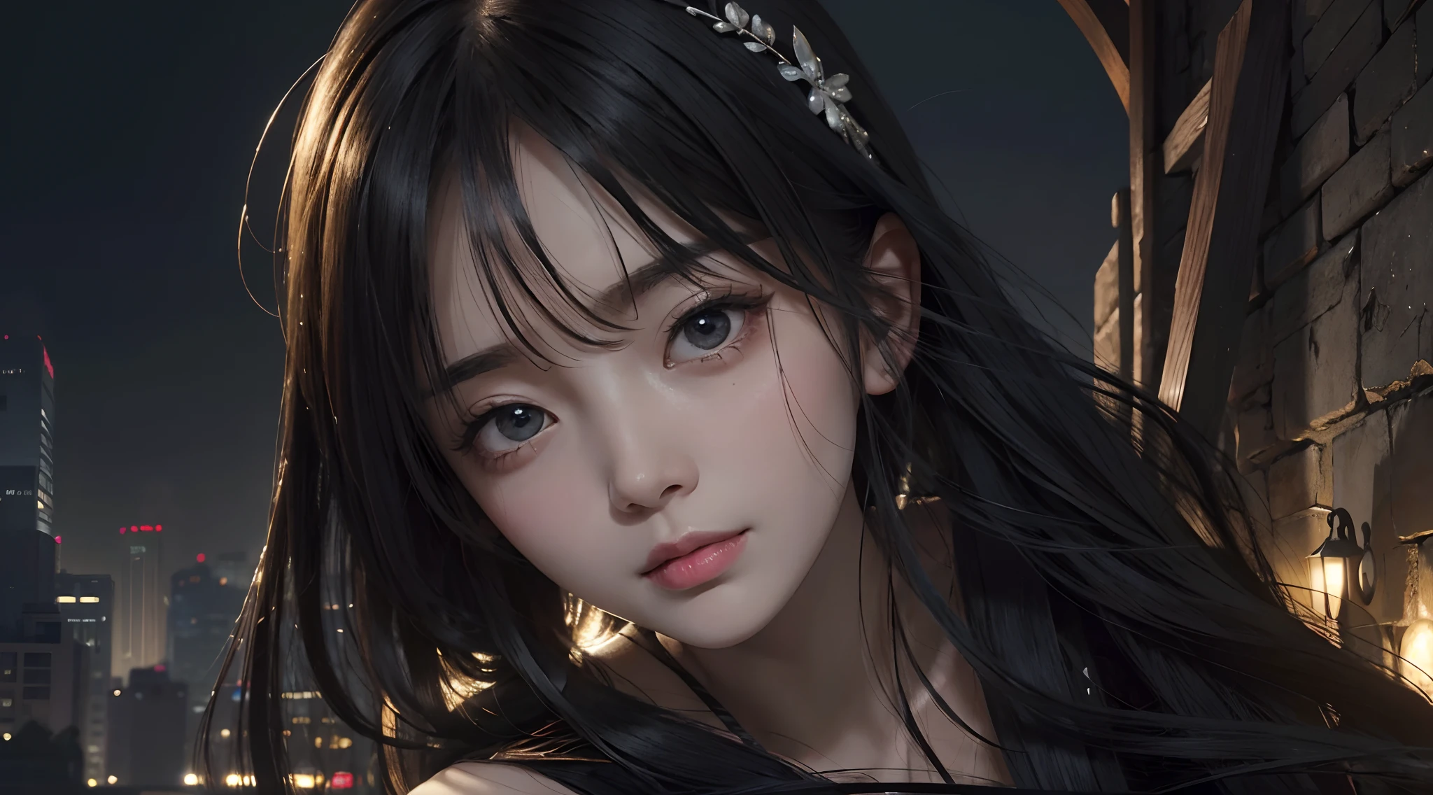 A close up of a woman with long hair and a black dress - SeaArt AI