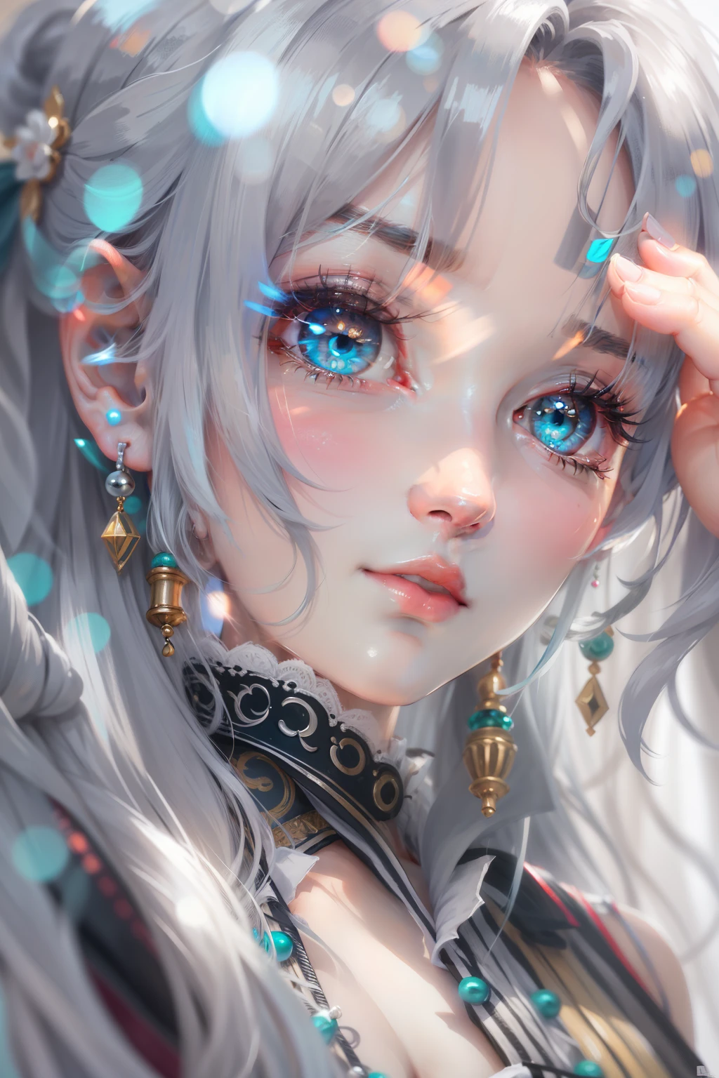 1 beautiful woman close-up, silver hair, long hair, hair ornament, mole under eye, aqua eyes, earrings, sad, tachi-e, first-person view, lens flare, depth of field, drop shadow