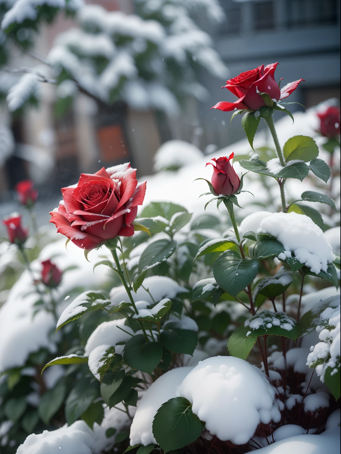 Speciality, Red roses grow on the bushes, Leaves and petals are covered with dust and snow,Shot with Canon 35mm lens, photo of a rose, taken with a pentax k1000, Shot with Pentax 1000, Two 5-mm ports, Shot at Kodak Portra, Rose Twinings, Red Rose, 35mm shot