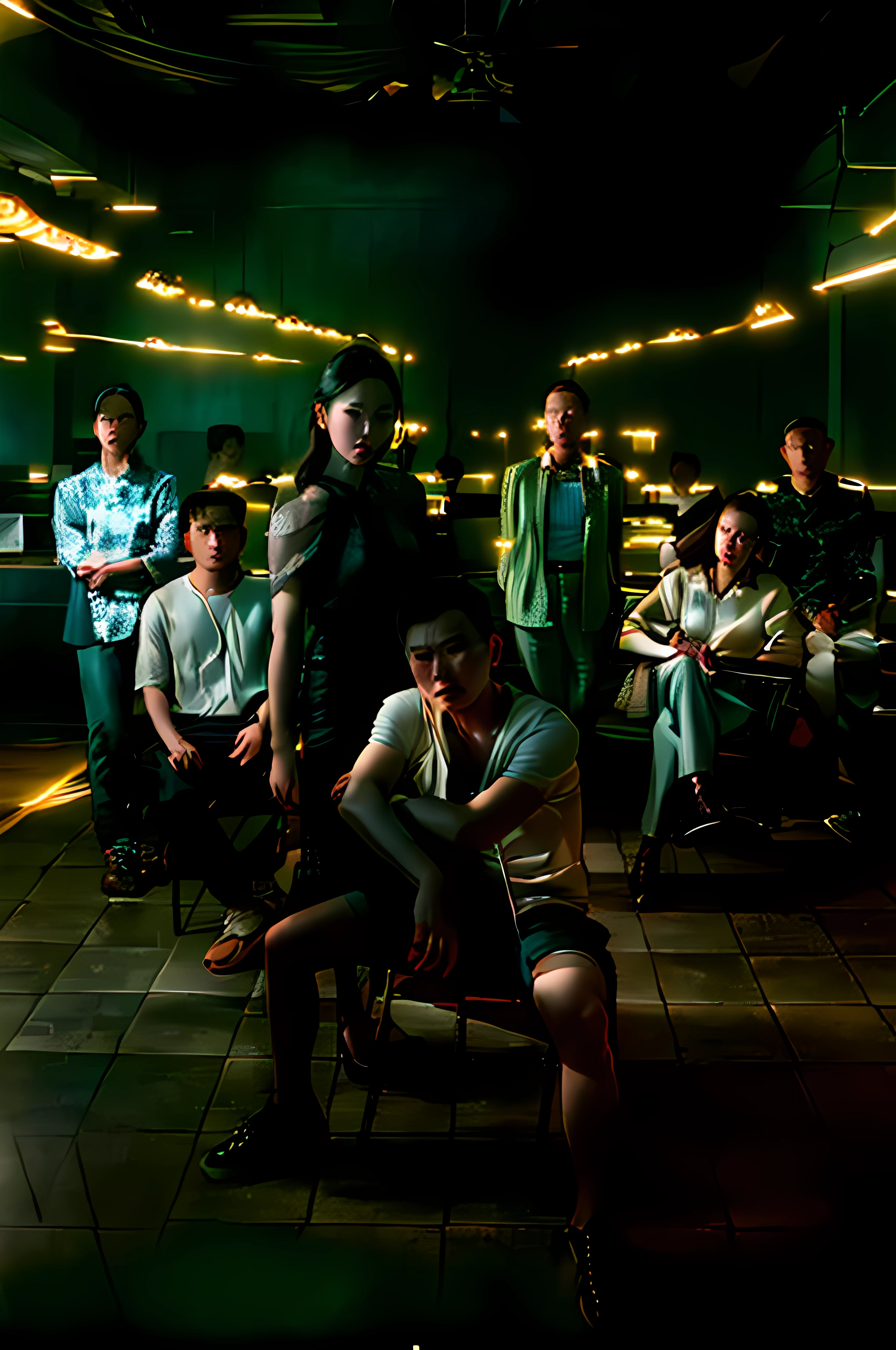 There were many people sitting together in the darkness in a room, film promotional image, 8 k movie still, nostalgic 8k, portrait shooting, Still from the movie, 8 0 s asian neon movie still, movie still 8 k, extreme drama, in style of kar wai wong, a still of kowloon, still from live action movie, screenshots from movies