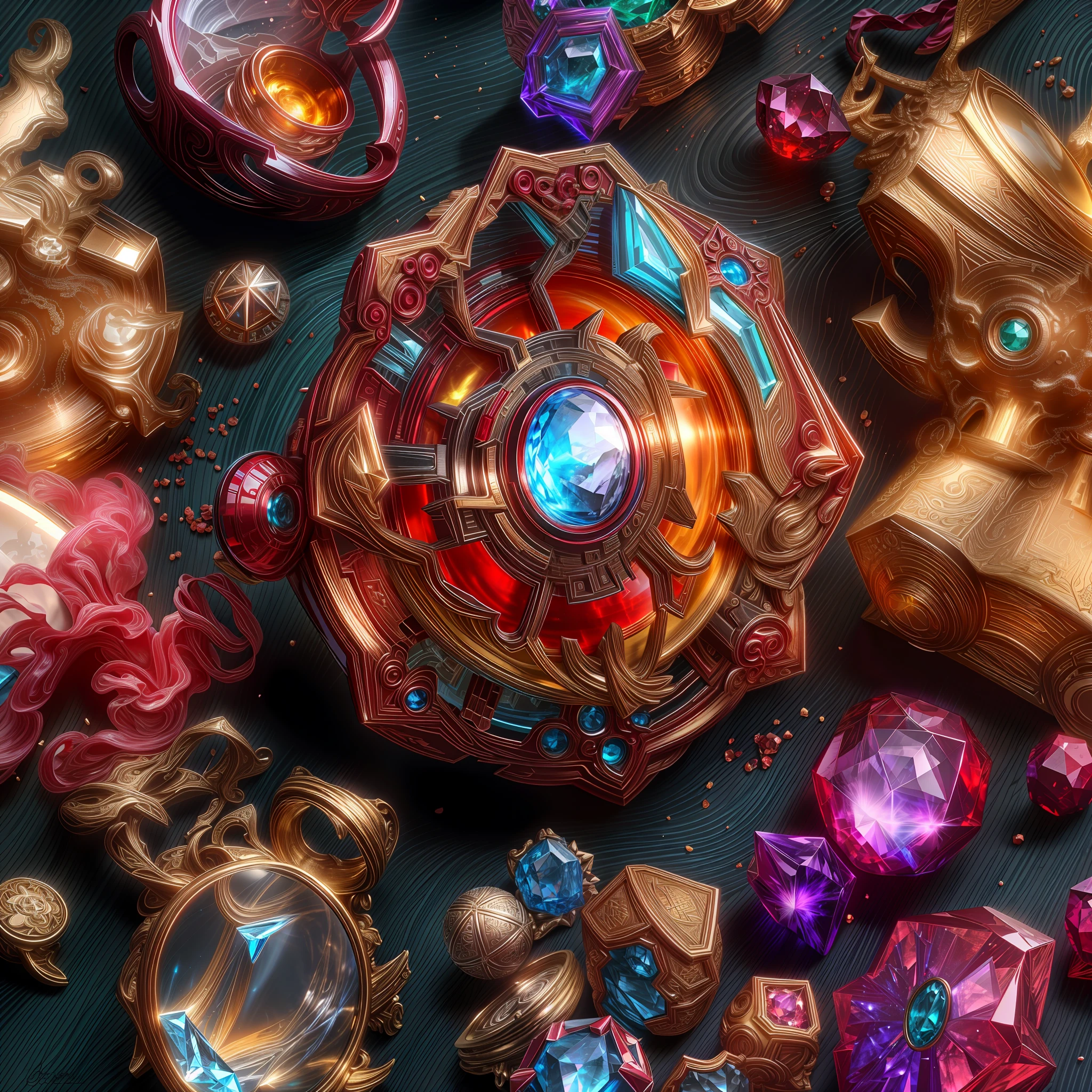 (Iron Man style: 1.2), (Full Focus: 2), (Everything in Display Cabinet: 1.3), (Magic Items | Colorful Gems | Cherry Blossoms | Printed Silk Products | Medals | Ores | Obsidian | Pearl | Emerald | White Jade | Amethyst | Sapphire | Gold Products | Silver Products | Purple Gold | Magical Jewelry | Antiques | Ruby | Orange Gem | Blue Gem | Topaz |: 2), Magic Symbols, Magic Particle Effects, High Tech Luxury, High Value Jewelry, High Value Metal, Luxury items, no puzzles, detailed and complex backgrounds, sparkling, reflective light, ultra high definition, award-winning, a high-resolution, high detail texture, contrast between light and dark, cinematic lighting, masterpieces, ray tracing, structurally correct, super details, high-quality, high detail, best quality, 16k