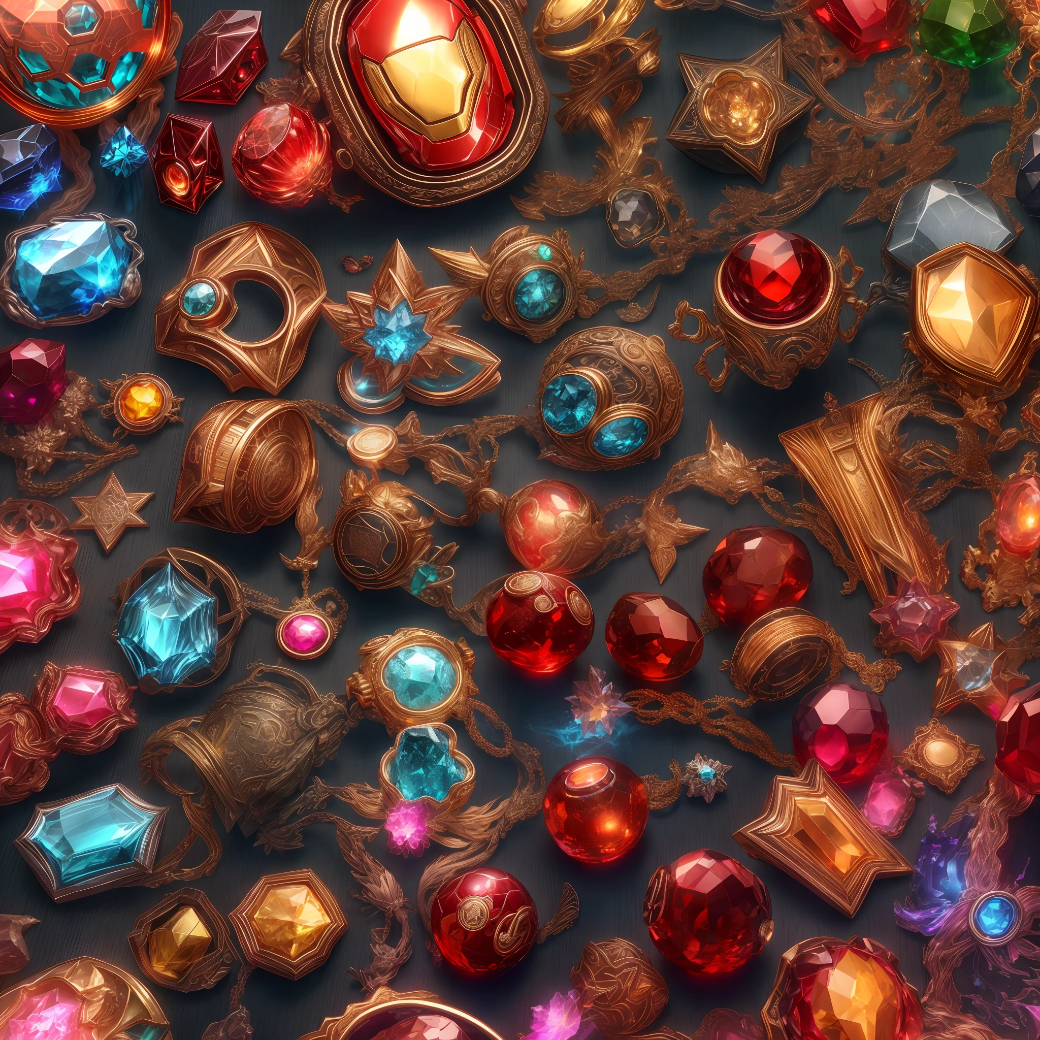 (Iron Man style: 1.2), (Full Focus: 2), (Everything in Display Cabinet: 1.3), (Magic Items | Colorful Gems | Cherry Blossoms | Printed Silk Products | Medals | Ores | Obsidian | Pearl | Emerald | White Jade | Amethyst | Sapphire | Gold Products | Silver Products | Purple Gold | Magical Jewelry | Antiques | Ruby | Orange Gem | Blue Gem | Topaz |: 2), Magic Symbols, Magic Particle Effects, High Tech Luxury, High Value Jewelry, High Value Metal, Luxury items, no puzzles, detailed and complex backgrounds, sparkling, reflective light, ultra high definition, award-winning, a high-resolution, high detail texture, contrast between light and dark, cinematic lighting, masterpieces, ray tracing, structurally correct, super details, high-quality, high detail, best quality, 16k