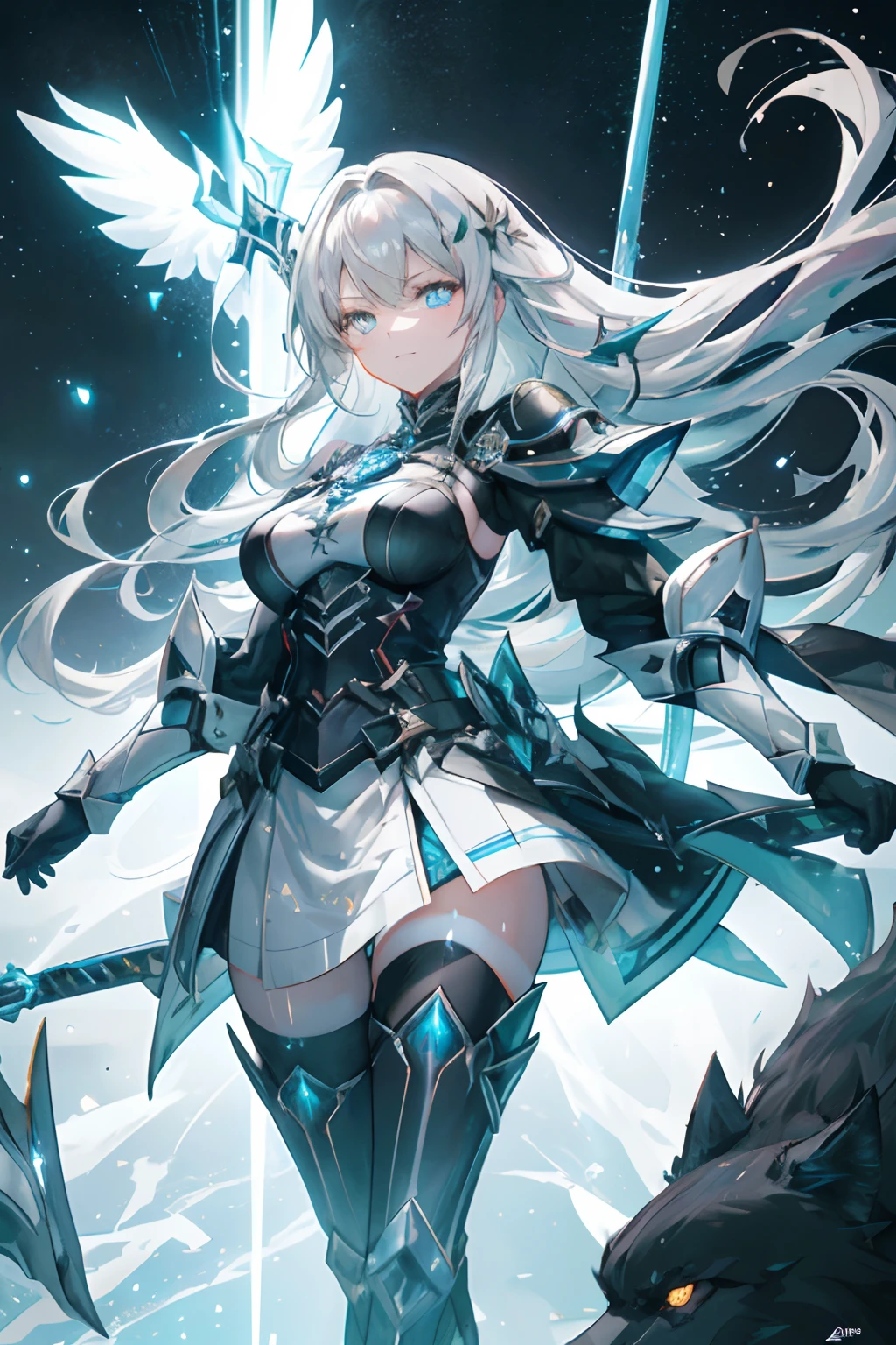 Silver-haired girl sticks out her arm and tries to activate magic, Long hair fluttering in the wind. Despite his appearance around , She is young々He has an evil smile that betrays his innocence.. At her side a huge black wolf braces itself to protect her, She radiates an aura of terrifying power. Its eyes shine with wisdom and anticipation of the fierce struggle that is about to begin.. The girl herself is equipped with a slender sword at the waist, Testament to her readiness for battle. It exudes enormous magical power., She is a hero-class mage. The enemy is also so difficult that it is called a god.、As it approaches, She smiles ferociously at the anticipation of the battle ahead.. With the combination of her mighty magic and hero-grade swordsmanship,, We are determined to protect what we hold dear., Excited and bracing for an imminent threat.Flying Girl、(flight:1.4)、(thick body:1.4)、(long Brond Hair:1.4)、verd s eyes、HDR(HighDynamicRange)、Ray traching、NVIDIA RTX、Hyper-Resolution、Unreal 5、sub-surface Scattering、PBR Texturing、Postprocess、Anisotropy Filtering、depth of fields、Maximum clarity and sharpness、multi-layer texture、Albedo and specular maps、Surface Shading、Accurate simulation of light-material interactions、octan render、Two-tone lighting、Low ISO、 White Balance, thirds rule, Large aperture, 8K RAW, Efficient Subpixel, sub-pixel convolution, (Luminescent particles:1.4), {{​masterpiece, Top image quality, Ultra High Definition CG, Unity 8k wallpapers, 3D, cinematlic lighting, lensflare}},