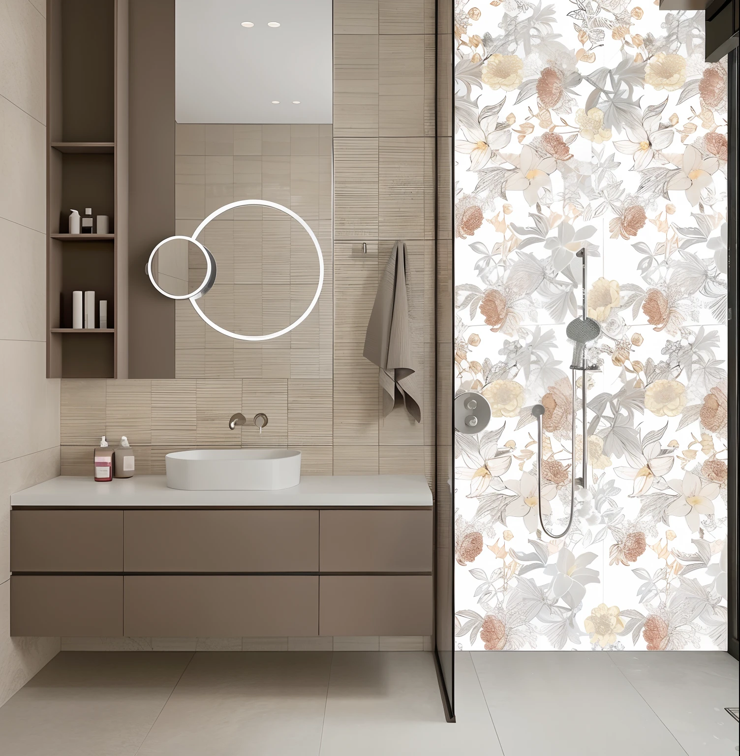 The bathroom comes with a sink and shower, floral wallpaper, chinoiserie wallpaper, translucent stone white skin, floral motives, retro look, mythical floral hills, ivory rococo, floral patterned skin, flora, translucent roses ornate, Vintage style, ”ultra realistic, White porcelain skin, ellegance, Inspired by Pierre-Joseph Redute