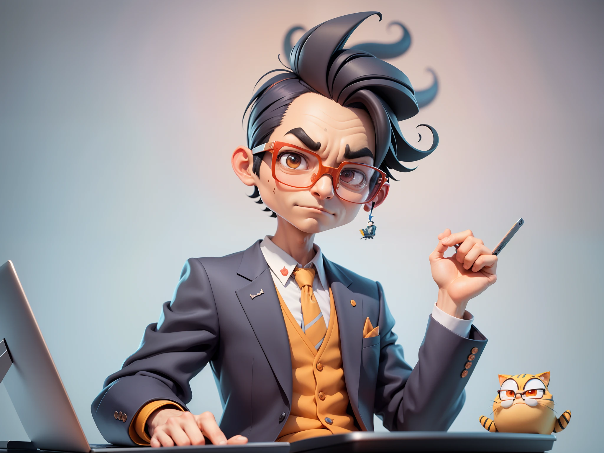 A young man in a suit, Short hair and glasses sat at his desk,holding laptop,digitial painting,tigre,3D character design by Mark Clairen and Pixar and Hayao Miyazaki and Akira Toriyama,4K HD illustration,Very detailed facial features and cartoon-style visuals。