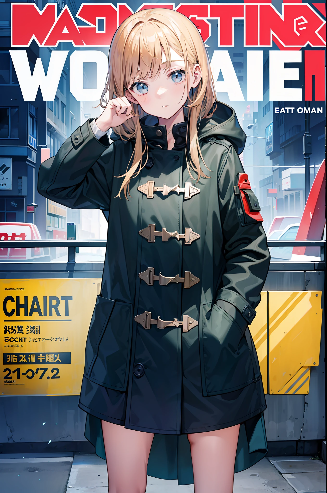 1girl,coat large,Put your hands in your pockets,whaite hair,MagazineCover,poster for,Rich in detail,perfect hand,nice hand,Need