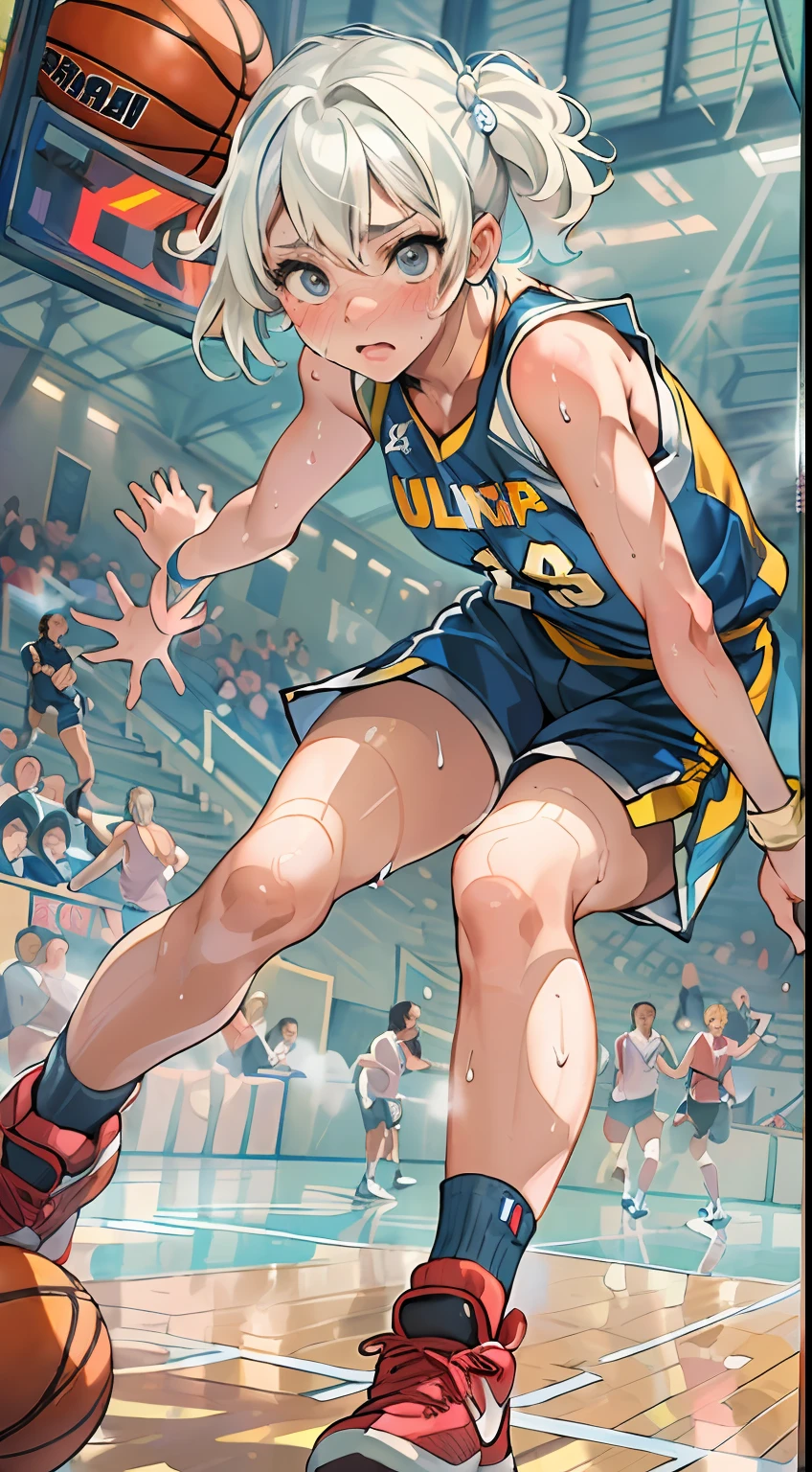 (((masterpiece))), (((best quality))), (((ultra detailed))), (((high-resolution))), ((super fine illustration)), ((Ultimate cutie)), detailed beautiful face,(white hair),(short hair),shiny hair, ((((gyaru)))), (medium breasts), (((solo))), (((embarrassed expression))), ((basketball player)),((jump,acrobatic,hopping)),((dunk shot)), (((hand on the ball))), (sleeveless basketball Uniform), knee pad, elbow pad, ((sweat)), ((covered in sweat)), ((fog)), in basketball Court, lighting, ((from behind)),(((looking at viewer)))