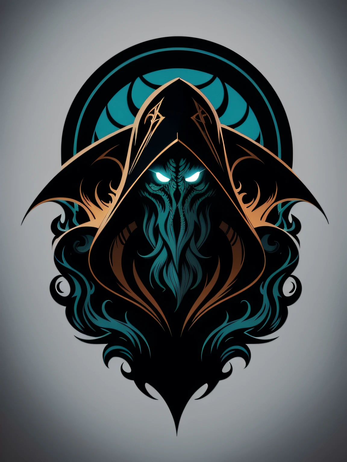 [cthulhu] Heraldic silhouette, logo masking style illustration, by dan mumford, by greg rutkowski, by james jean, black background, mysterious, fantasy art, realistic, majestic, rich vibrant colors, high contrast, seamless water brand, artstation, deviantart, dribble, redbubble, teepublic, sharp focus, simple, hyper detailed, detailed drawing, vectorize, outline, isometric style, 8k."