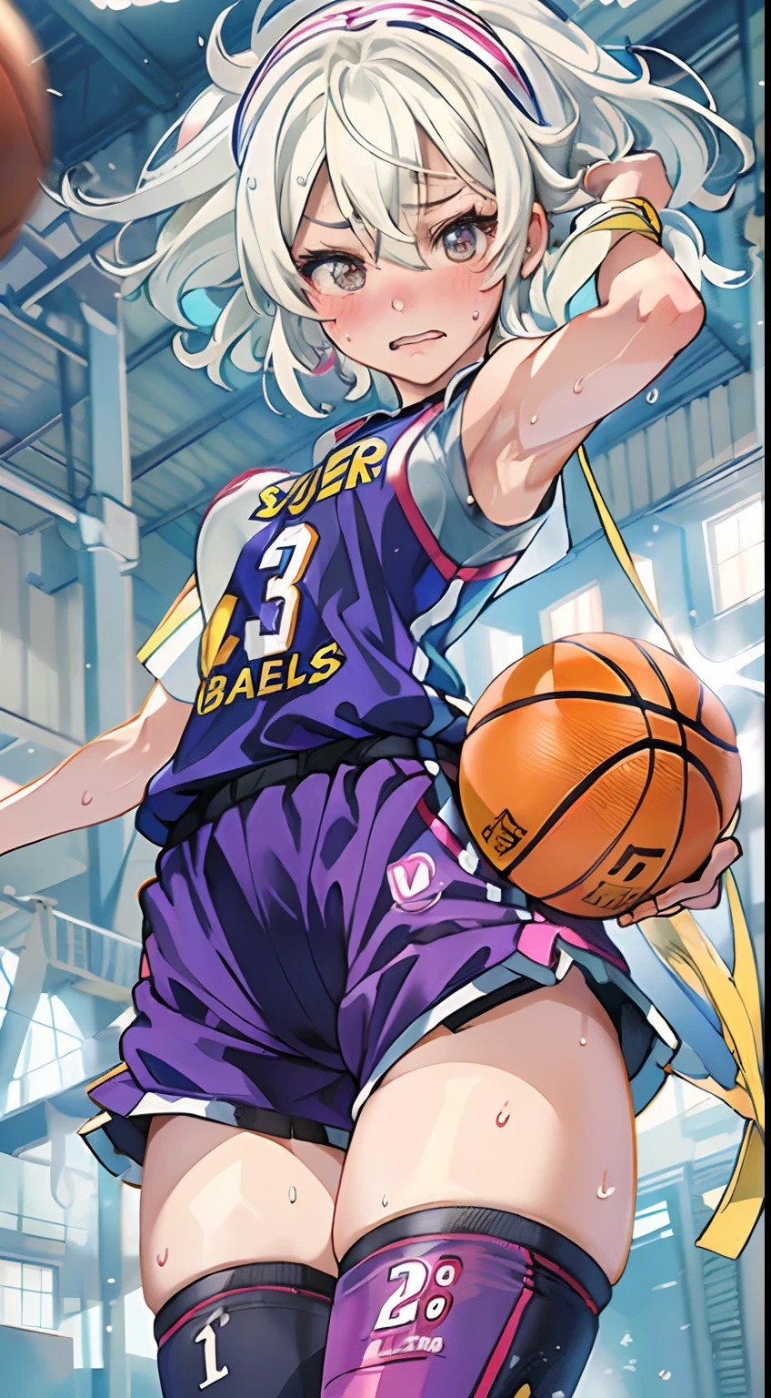 (((masterpiece))), (((best quality))), (((ultra detailed))), (((high-resolution))), ((super fine illustration)), ((Ultimate cutie)), detailed beautiful face,(white hair),(short hair),shiny hair, ((((gyaru)))), (medium breasts), (((solo))), (((embarrassed expression))), ((basketball player)),((jump,acrobatic,hopping)),((dunk shot)), (((hand on the ball))), (sleeveless basketball Uniform), knee pad, elbow pad, ((sweat)), ((covered in sweat)), ((fog)), in basketball Court, lighting, ((from behind)),(((looking at viewer)))