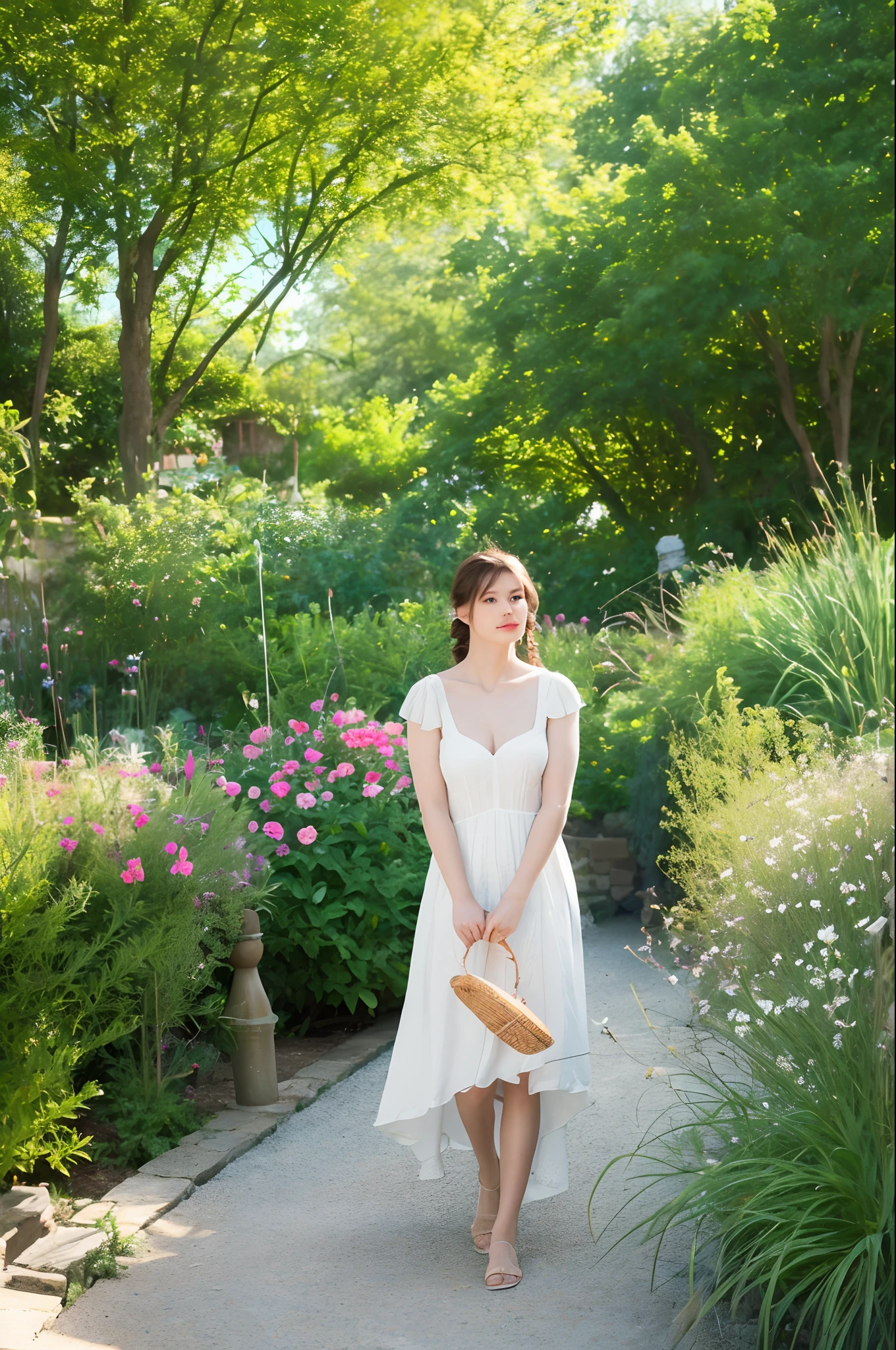 Woman, look at viewr, french braid hair , Flower Holter Dress, cleavage, Garden landscape design, (Rim Light)