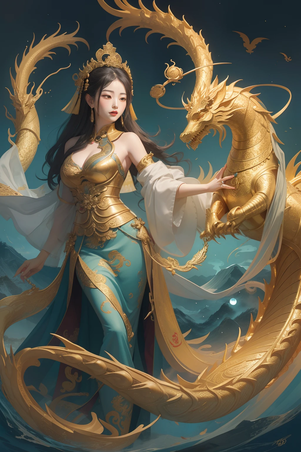 an ancient Chinese goddess, guanyin of the southern seas, Guanyin, Inspired by China, Avalokiteshvara rides a dragon,,Serene expression,shui mo hua,Buddha,Buddhist,Lotus,Chinese painting style,Thangka style