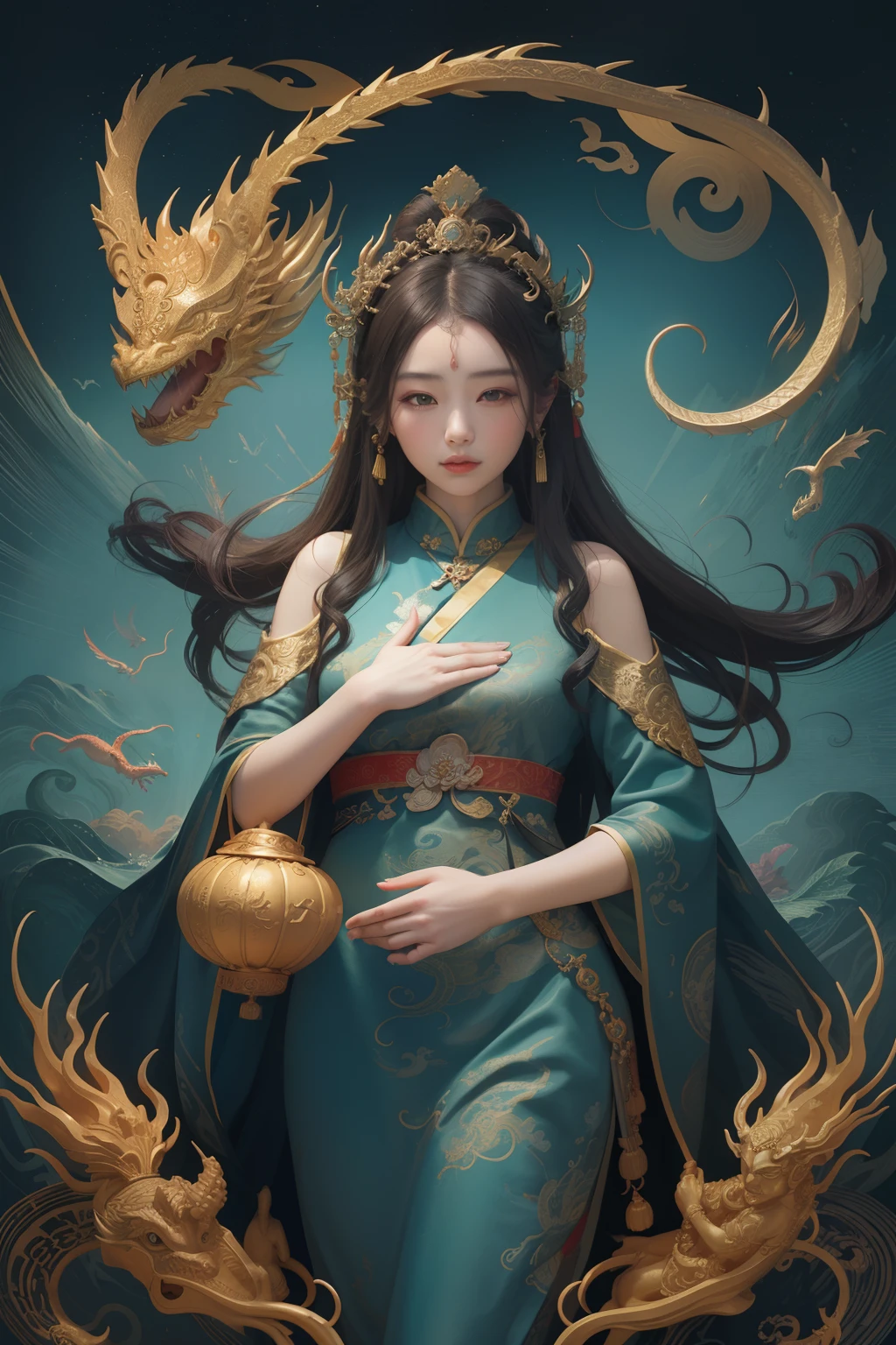an ancient Chinese goddess, guanyin of the southern seas, Guanyin, Inspired by China, Avalokiteshvara rides a dragon，,Serene expression,shui mo hua,Buddha,Buddhist,Lotus,Chinese painting style,Thangka style