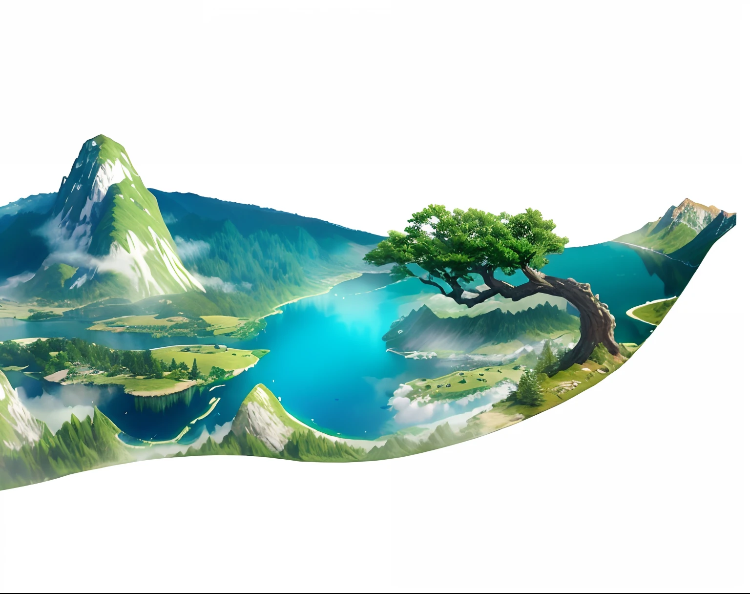 There is a picture of a tree on a mountain with a lake, made of tree and fantasy valley, Detailed scenery —width 672, avatar landscape, landscape artwork, scenery art detailed, 3 d virtual landscape painting, Landscape scenery, 3D landscape, 3 d landscape, detailed scenic view, Landscape illustration, environmental key art, scenery background, environment design illustration