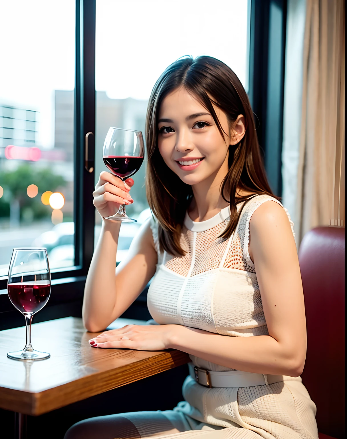 (64K, UHD, top quality, masterpiece: 1.2), (realistic, photorealistic: 1.37), super detailed, pretty woman 1 person, (slim face), (slim body), (brown hair), (short cut), cheeks slightly blushing, (44 years old), 38 years old, solo, beautiful detailed urban night view outside the window, restaurant, wine glasses sit, at night, in a prominent placeNovaFrogStyle, Actress, Model, Waist Up, White Wine, Slim, Wine Glass, Super Clean Night View, Wine Glass Put in the Middle, Happy Smile, (Smile: 1.15), Beautiful Fine Eyes, Upper Body, Bust Japan Up, Night, Short, Short, Actress, Model, Waist Up, White Wine, Slim, Wine Glass, Super Clean Night View, Wine Glass Put in the Middle, Happy Smile,