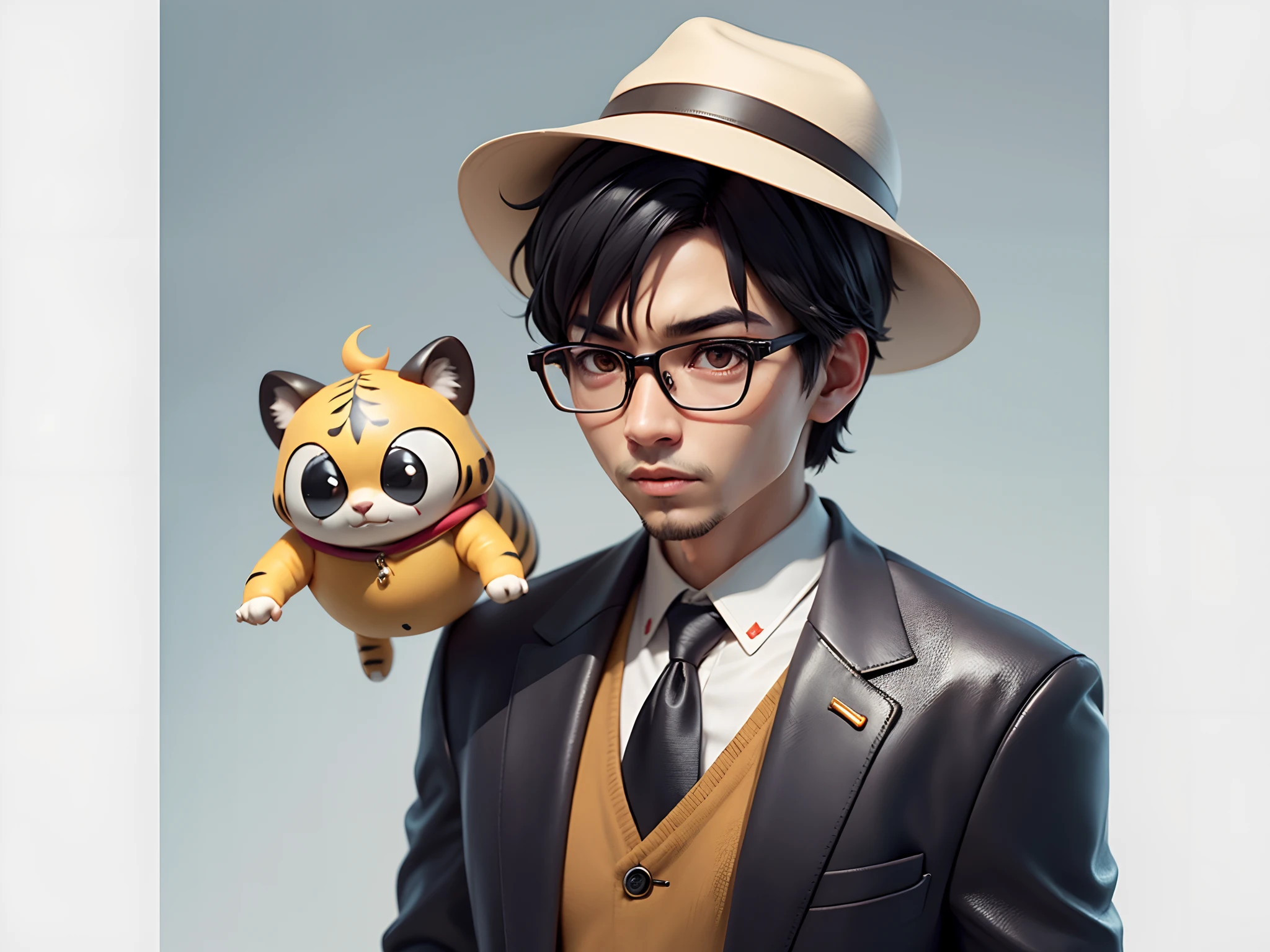 Young man with oriental face in leather hat, tiger, oriental face in formal suit, short black hair, silver glasses, digital painting, 3D character design by Mark Clairedon and Pixar and Hayao Miyazaki and Akira Toriyama, the illustration is a high-definition illustration in 4K resolution with very detailed facial features and cartoon-style visuals.
