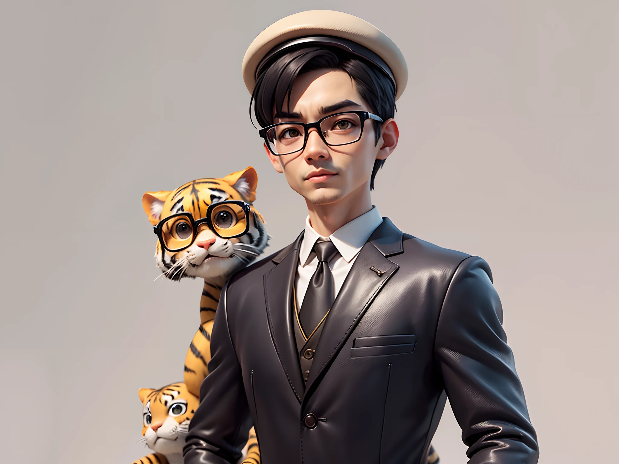 Young man with oriental face in leather hat, tiger, oriental face in formal suit, short black hair, silver glasses, digital painting, 3D character design by Mark Clairedon and Pixar and Hayao Miyazaki and Akira Toriyama, the illustration is a high-definition illustration in 4K resolution with very detailed facial features and cartoon-style visuals.