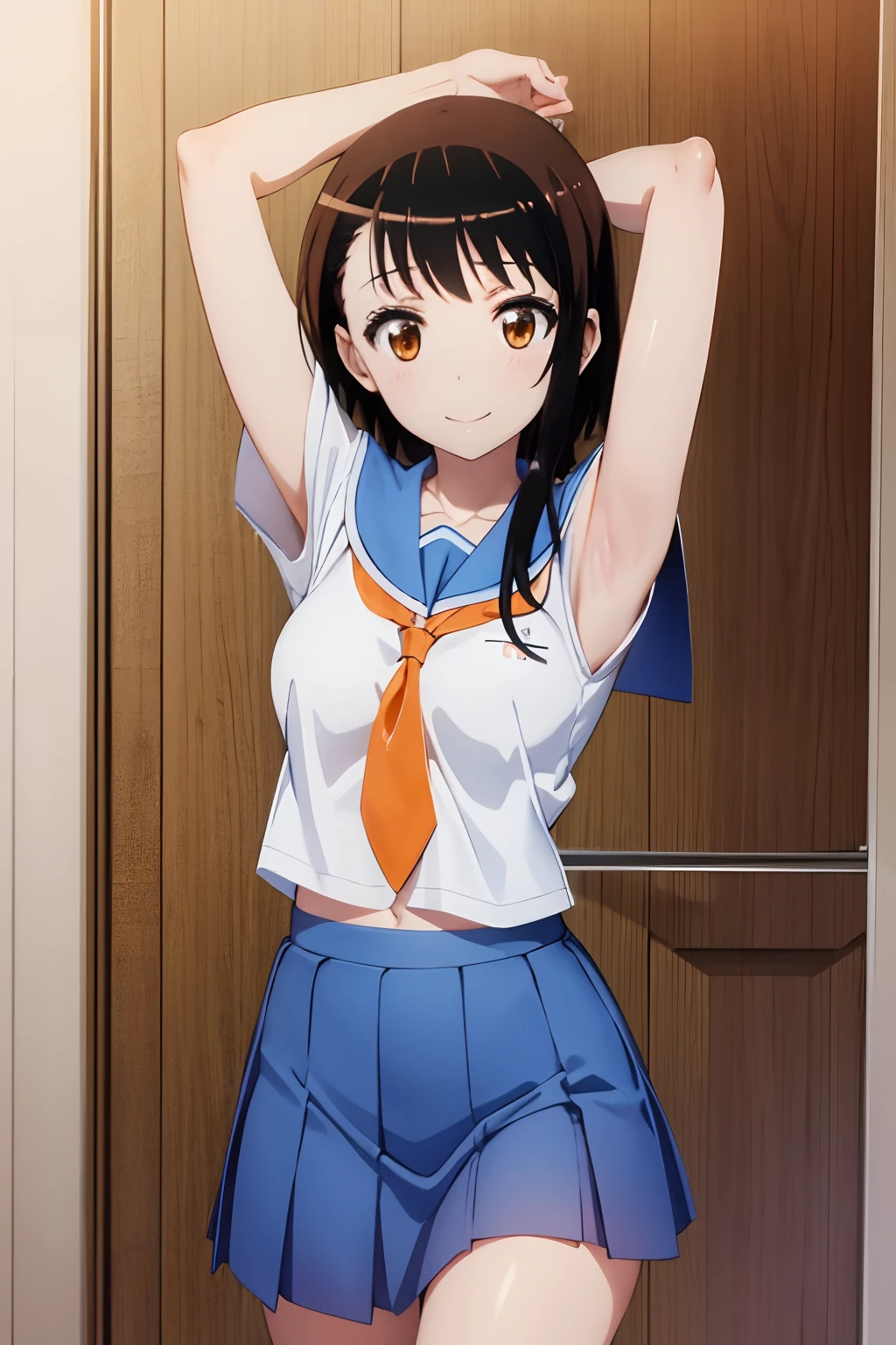 (extremely detailed CG unity 8k wallpaper), (masterpiece), (best quality), (ultra-detailed), (best illustration), (best shadow), (absurdres), (detailed hand) 1girl, solo, onodera kosaki, school uniform, serafuku, orange tie, light blue skirt, own hands together, looking at viewer, smile, opened clothes, presenting armpit, armpit, arm up