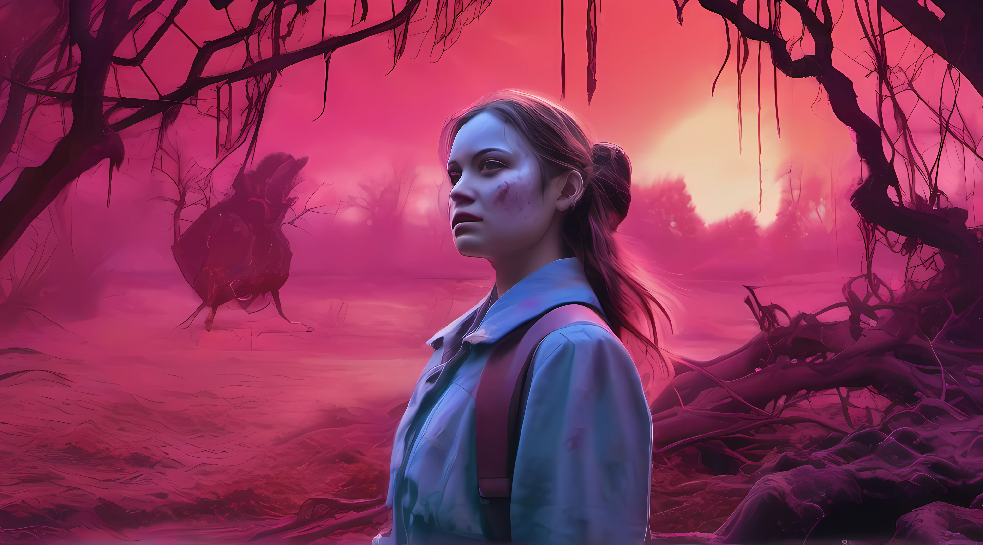 illustration, high detail, dark atmosphere, high saturation,photorealistic, horror artstyle, horror theme, horrific, photoshoot, film set, a nightmare visualized, the environment made of unstable fabric fragments in neon colors, clouds made of organic remains of organs, blood splashes partially blind the viewer and get blurry in the front of the picture illustration, a golem girl with broken limbs wanders a swamp of nuclear contaminated water, toxic steam is emitted from brass pipes, slimy tentacles reach out to the golem girl, a shady moon explodes in the background, dirty lumps hang from trees that resemble death and ghostly phantoms barely visible hide in plain sight, everything glows unholy