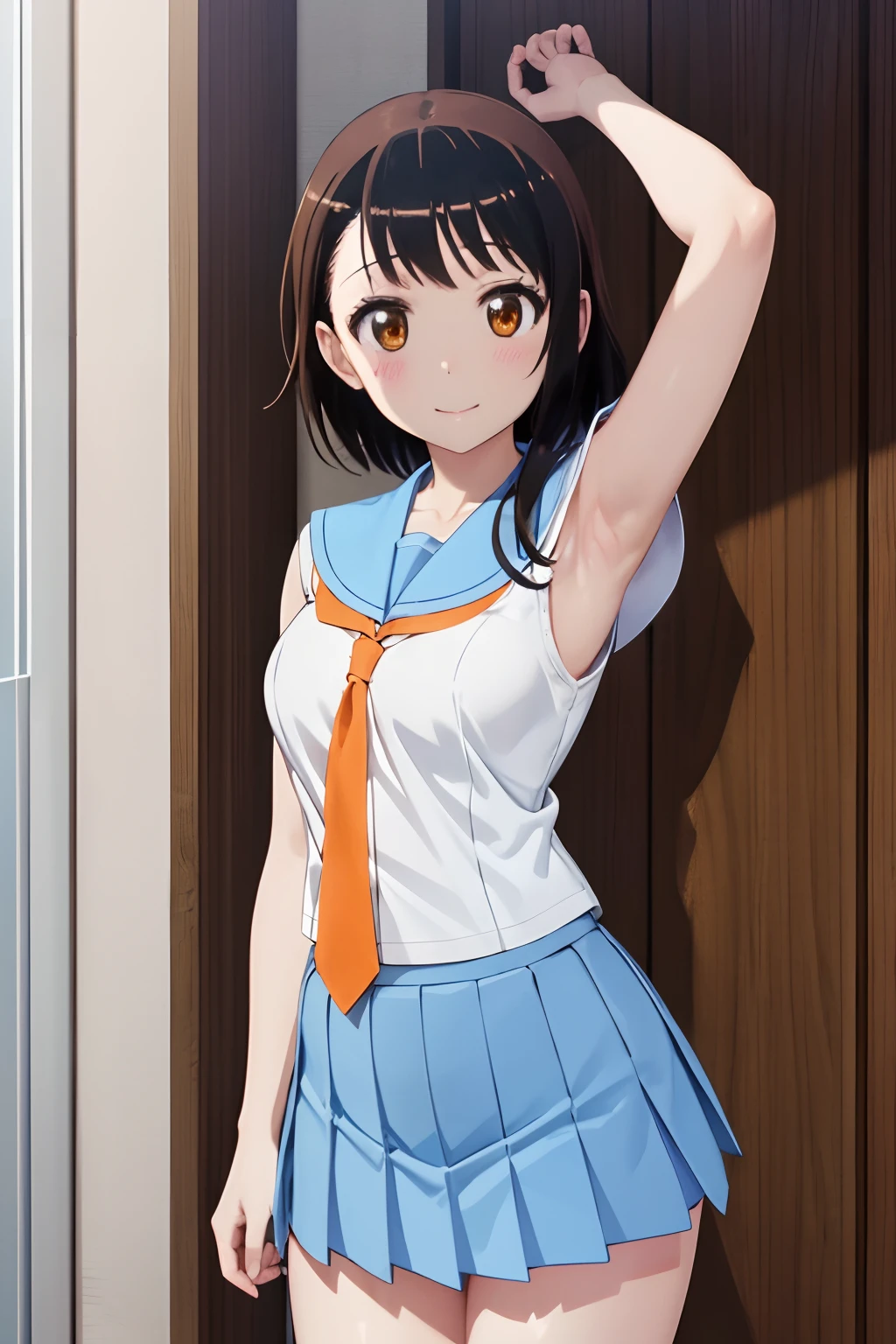 (extremely detailed CG unity 8k wallpaper), (masterpiece), (best quality), (ultra-detailed), (best illustration), (best shadow), (absurdres), (detailed hand) 1girl, solo, onodera kosaki, school uniform, serafuku, orange tie, light blue skirt, own hands together, looking at viewer, smile, opened clothes, presenting armpit, armpit, arm up