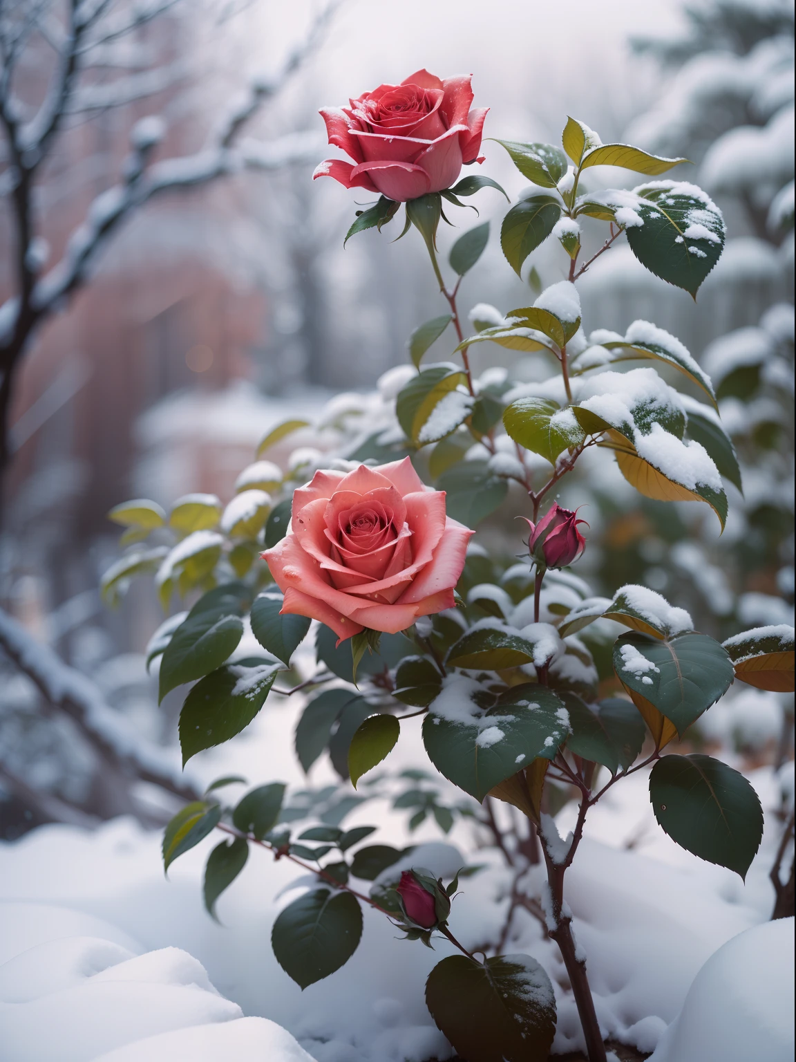 Zoom in on a single rose, Red roses grow on the bushes, Leaves and petals are covered with dust and snow,Shot with Canon 35mm lens, photo of a rose, taken with a pentax k1000, Shot with Pentax 1000, Two 5-mm ports, Shot at Kodak Portra, Rose Twinings, Red Rose, 35mm shot