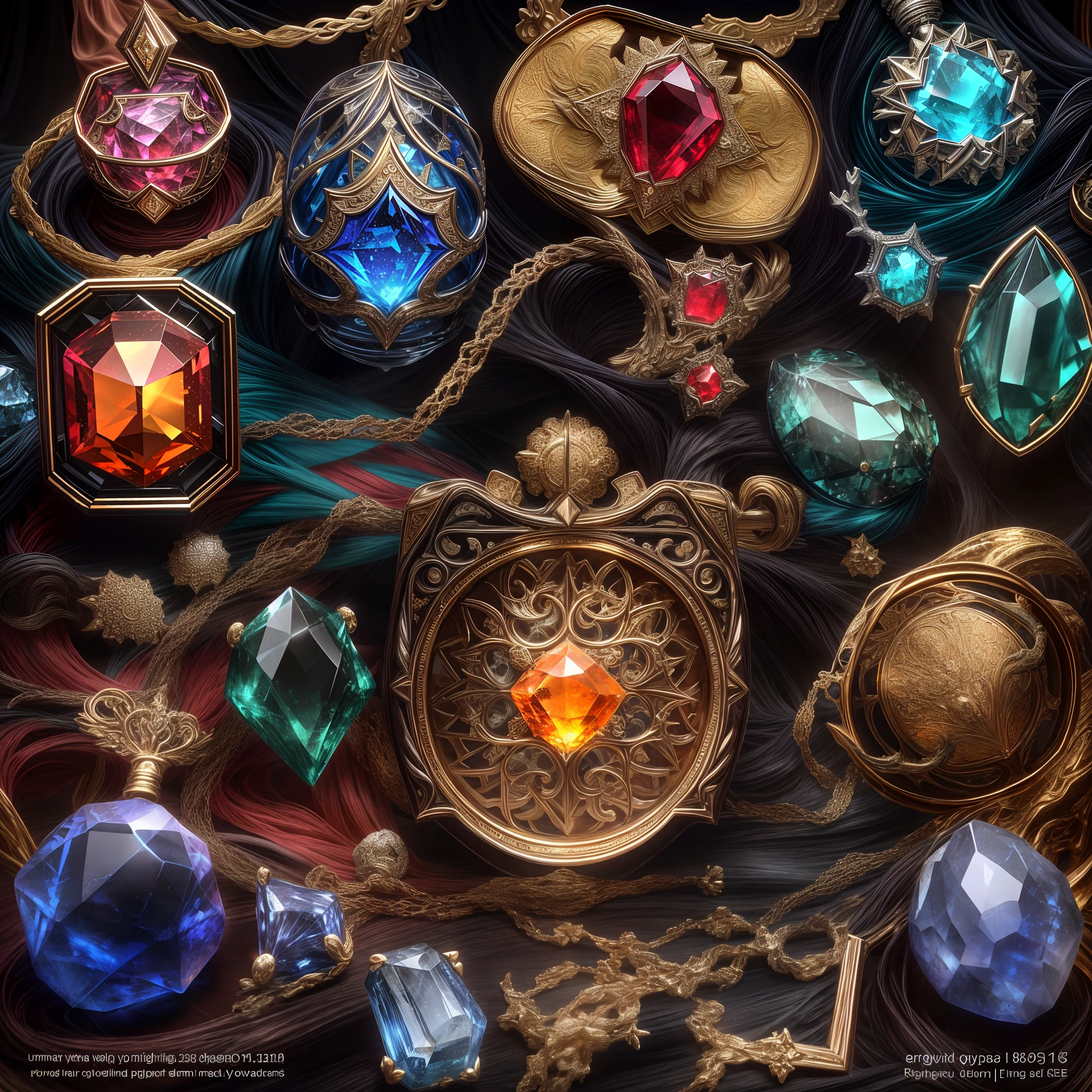 (Gothic style: 1.2), (Full Focus: 2), (Everything in Display Cabinet: 1.3), (Magic Items | Colorful Gems | Cherry Blossoms | Printed Silk Products | Medals | Ores | Obsidian | Pearl | Emerald | White Jade | Amethyst | Sapphire | Gold Products | Silver Products | Purple Gold | Magical Jewelry | Antiques | Ruby | Orange Gem | Blue Gem | Topaz |: 2), Magic Symbols, Magic Particle Effects, High Tech Luxury, High Value Jewelry, High Value Metal, Luxury items, no puzzles, detailed and complex backgrounds, sparkling, reflective light, ultra high definition, award-winning, a high-resolution, high detail texture, contrast between light and dark, cinematic lighting, masterpieces, ray tracing, structurally correct, super details, high-quality, high detail, best quality, 16k