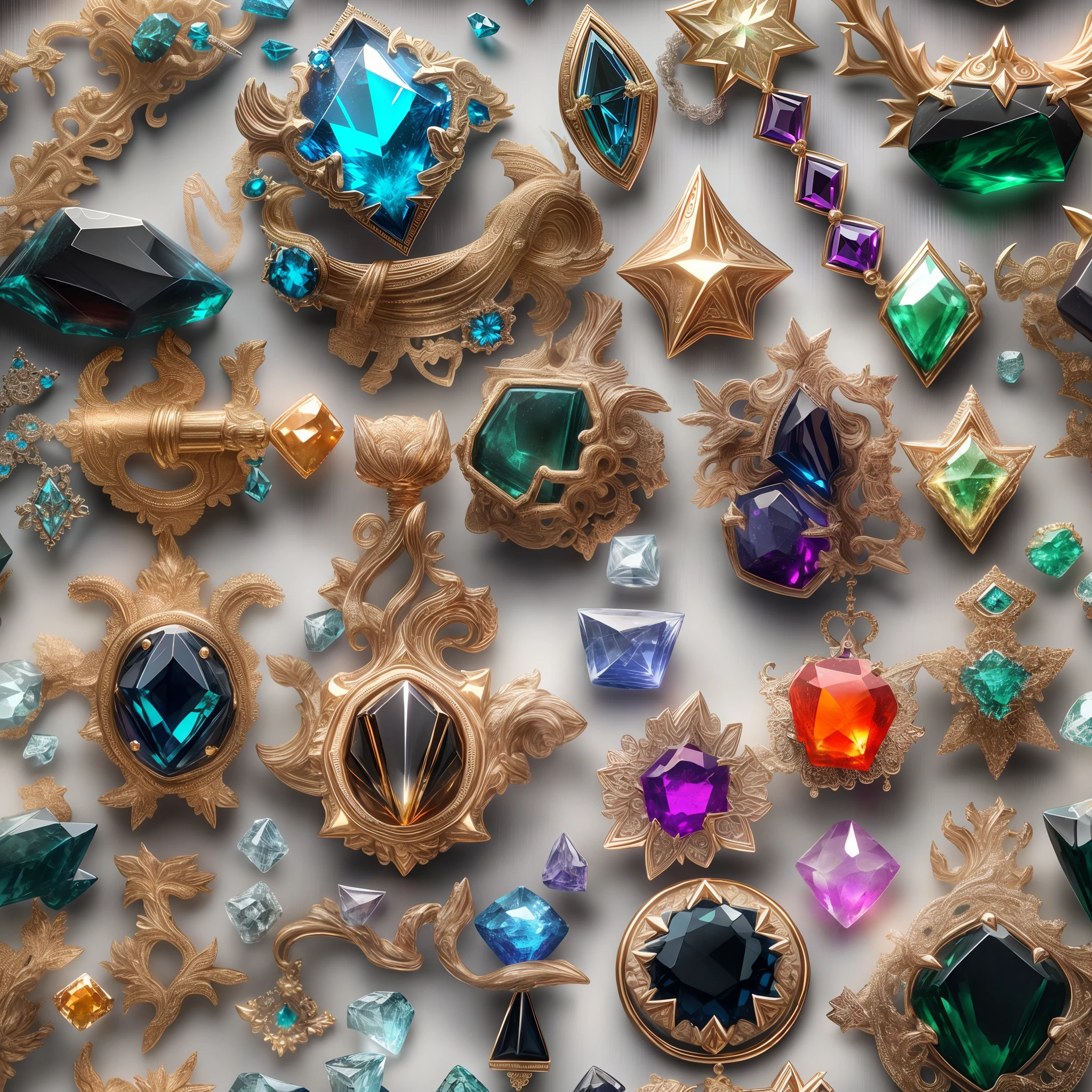 (Gothic style: 1.2), (Full Focus: 2), (Everything in Display Cabinet: 1.3), (Magic Items | Colorful Gems | Cherry Blossoms | Printed Silk Products | Medals | Ores | Obsidian | Pearl | Emerald | White Jade | Amethyst | Sapphire | Gold Products | Silver Products | Purple Gold | Magical Jewelry | Antiques | Ruby | Orange Gem | Blue Gem | Topaz |: 2), Magic Symbols, Magic Particle Effects, High Tech Luxury, High Value Jewelry, High Value Metal, Luxury items, no puzzles, detailed and complex backgrounds, sparkling, reflective light, ultra high definition, award-winning, a high-resolution, high detail texture, contrast between light and dark, cinematic lighting, masterpieces, ray tracing, structurally correct, super details, high-quality, high detail, best quality, 16k