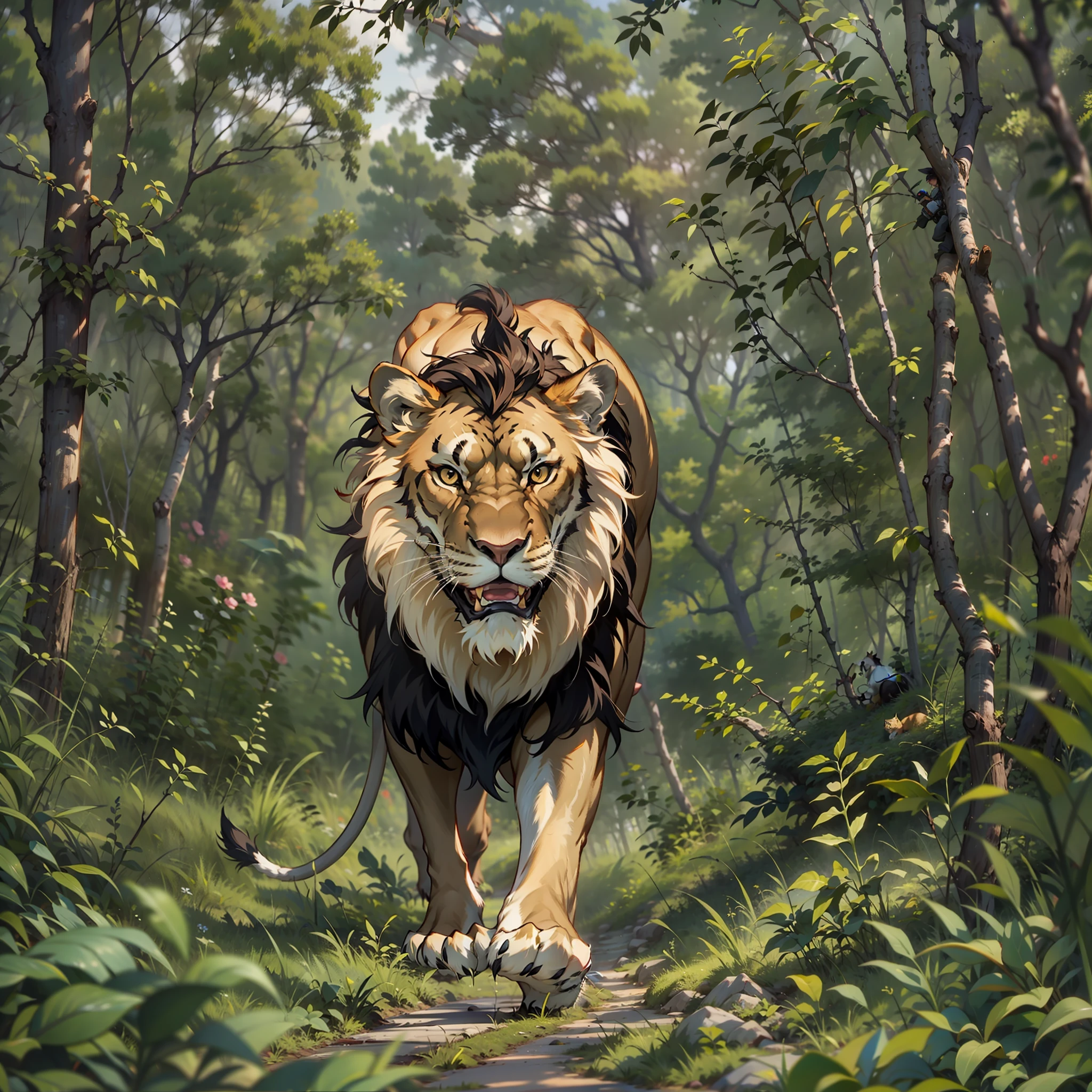 Man hunting in the middle of the forest a ferocious lion 10 meters high, Multi-camera focus