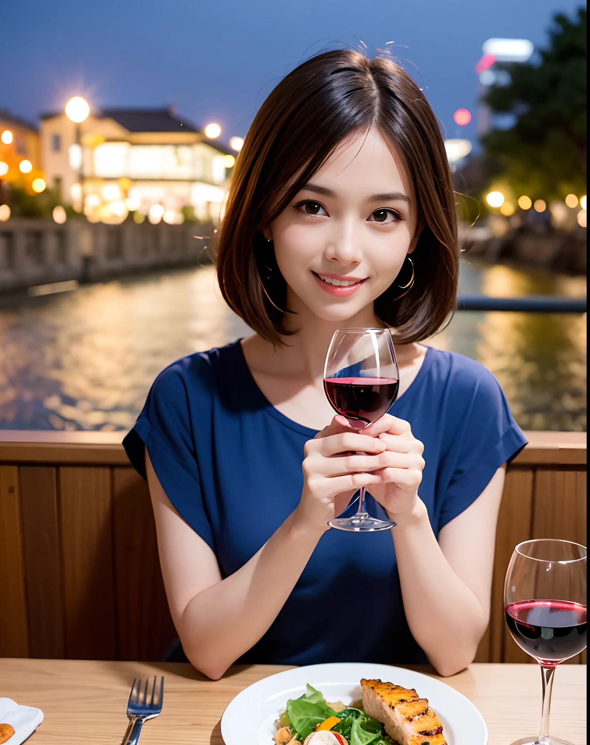 (64K, UHD, top quality, masterpiece: 1.2), (realistic, photorealistic: 1.37), super detailed, pretty woman 1 person, (slim face), (slim body), (brown hair), (short cut), cheeks slightly blushing, (44 years old), 38 years old, solo, beautiful detailed urban night view outside the window, restaurant, wine glasses sit, at night, in a prominent placeNovaFrogStyle, Actress, Model, Waist Up, White Wine, Slim, Wine Glass, Super Clean Night View, Wine Glass Put in the Middle, Happy Smile, (Smile: 1.15), Beautiful Fine Eyes, Upper Body, Bust Japan Up, Night, Short, Short, Actress, Model, Waist Up, White Wine, Slim, Wine Glass, Super Clean Night View, Wine Glass Put in the Middle, Happy Smile,