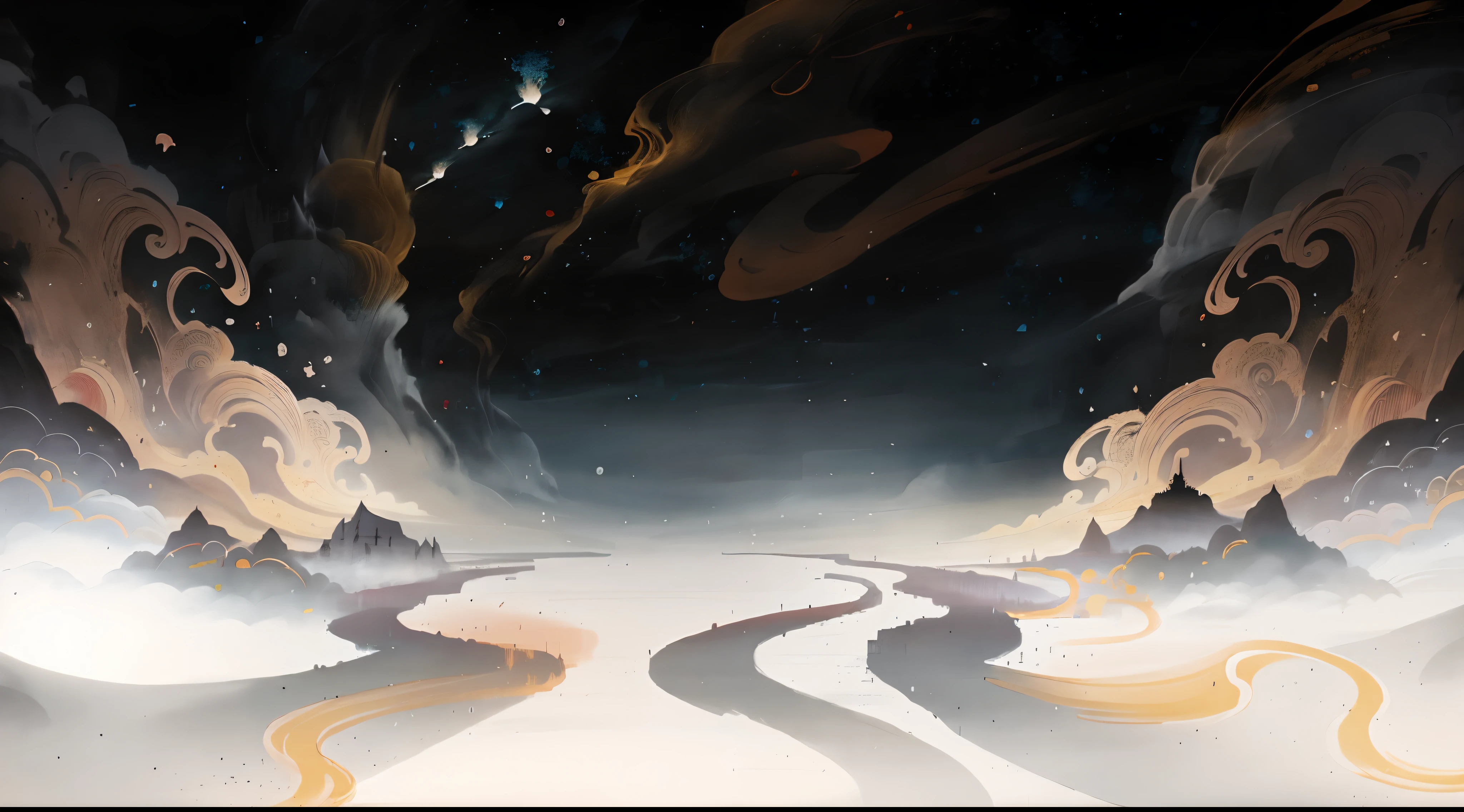 A painting，Chinese ancient style，Ink painting style，Auspicious clouds，The drawing is a road through a mountain, Ethereal background, cosmos sem fim no fundo, astral background, Magnificent background, lost in the milky void, arte de fundo, concept art magical highlight,  background artwork, 4 k hd illustrative wallpaper, game background, ethereal landscape,