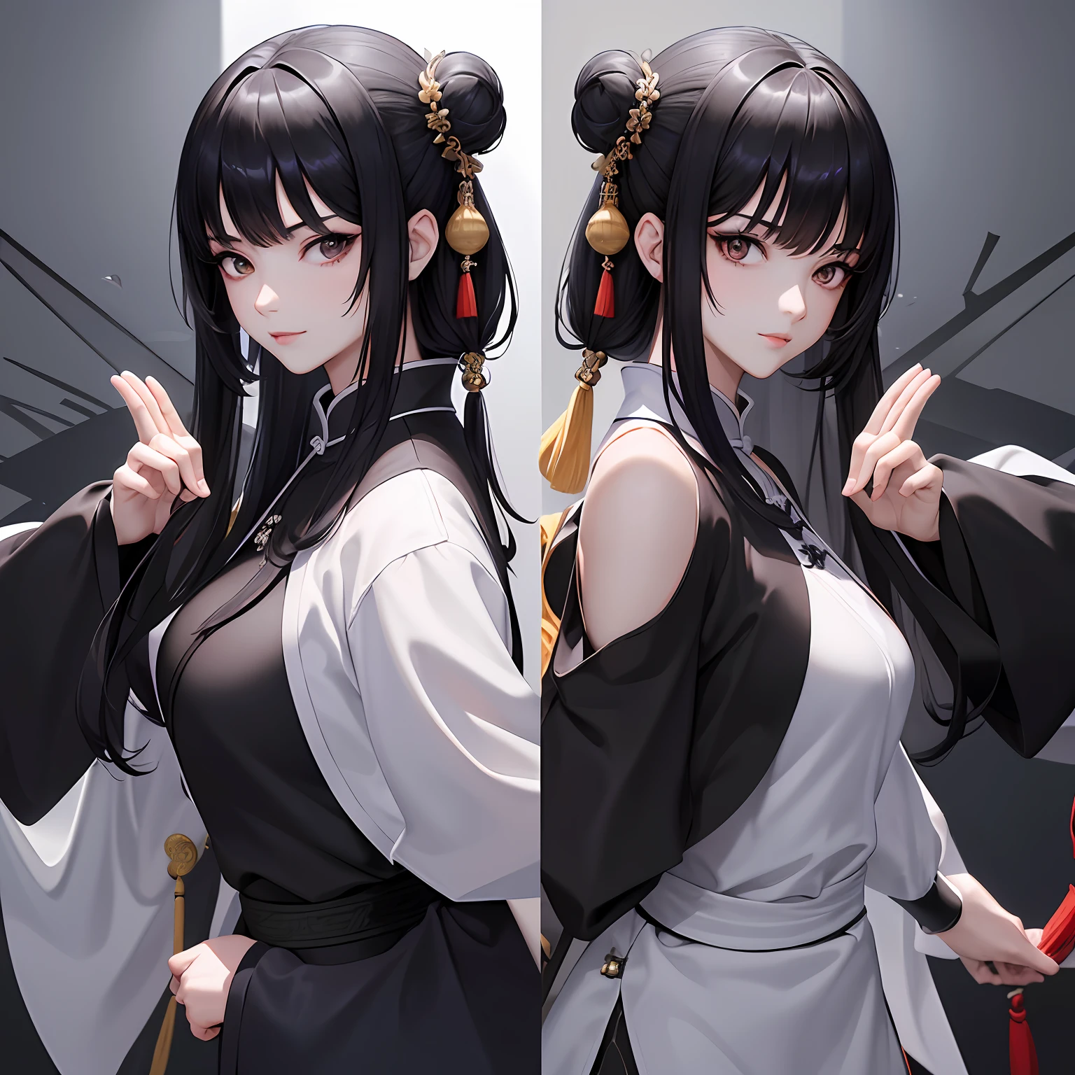 masterpiece、top-quality、hight resolution、High-quality images、8K、1womanl、detaileds、Detailed eye depiction、skin gloss、Lustrous black hair、Monochrome grayscale、Lisa、portlate、taijitu、Master's virtuosity、Simple Chinese Clothing、Martial Arts Stance
