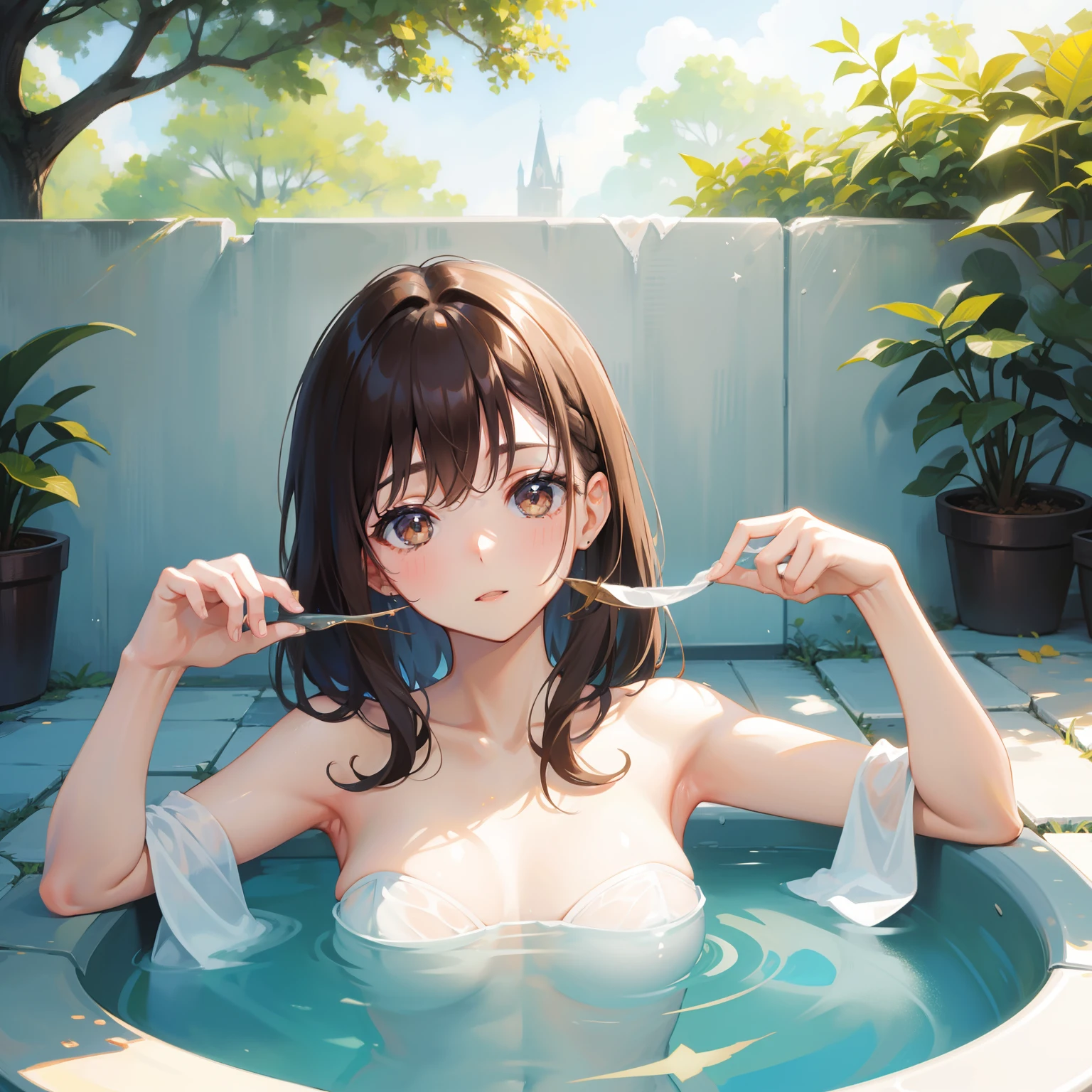 One lady、brown haired(Hair collection)、brown-eyed、outdoor bath、starrysky、Bath towel for the body