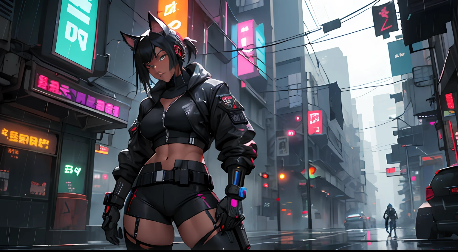 1girl, black hair, military, robot, animal ears, large assault rifle, neon colors, colorful, kitana, noir, mystery, thick waist medium breast, muscular, tomboy, cyberpunk, nekomata, warrior, sexy outfit, looking at viewer, anime, realistic, rainy night forest, dark skin