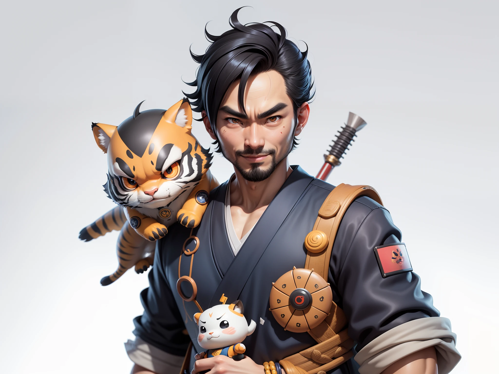 (Daisaku),(Need),(Super meticulous),(full bodyesbian:1.2),Super young man with Japanese geisha,Beautiful,orient,one tiger,Aeolian Thor,Raised sexy,爆乳,Oriental face,TV Anchor,Bust portrait illustration,In black suit,a blue tie,The face is slightly chubby,The face was clean,without a beard,Black super short hair,Black eyes,Smile confidently,3C computer sub-products,iPad, iphone,Digital painting,3D character design by Mark Clairen and Pixar and Hayao Miyazaki and Akira Toriyama,The illustration is a high-definition illustration in 4K resolution,With very detailed facial features and cartoon-style visuals。