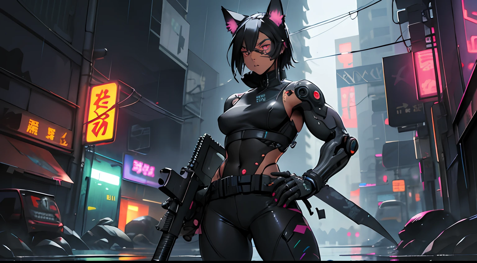 1girl, black hair, military, robot, animal ears, large assault rifle, neon colors, colorful, kitana, noir, mystery, thick waist medium breast, muscular, tomboy, cyberpunk, nekomata, warrior, sexy outfit, looking at viewer, anime, realistic
