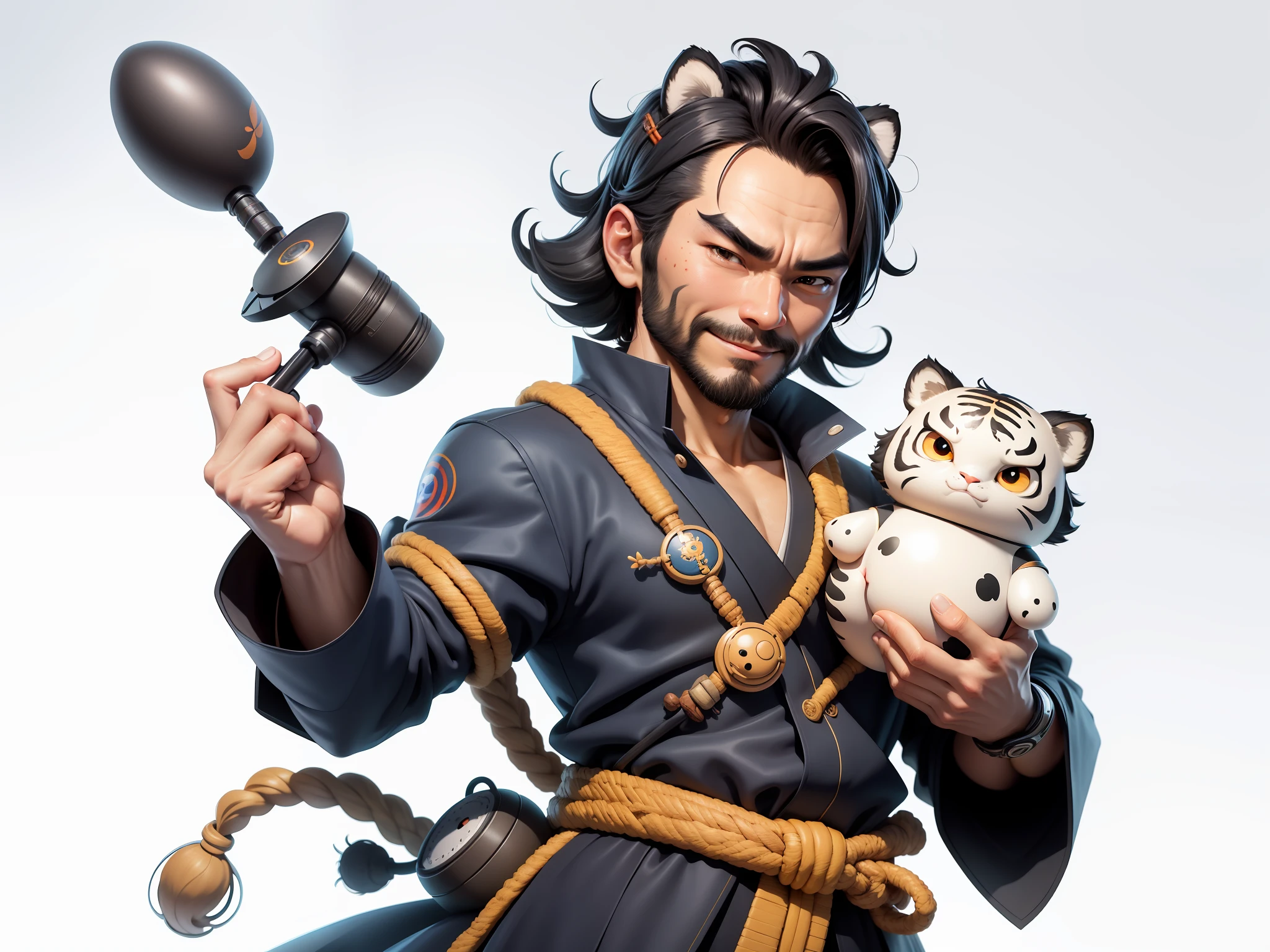 (Daisaku),(Need),(Super meticulous),(full bodyesbian:1.2),Super young man with Japanese geisha,Beautiful,orient,one tiger,Aeolian Thor,Raised sexy,爆乳,Oriental face,TV Anchor,Bust portrait illustration,In black suit,a blue tie,The face is slightly chubby,The face was clean,without a beard,Black super short hair,Black eyes,Smile confidently,3C computer sub-products,iPad, iphone,Digital painting,3D character design by Mark Clairen and Pixar and Hayao Miyazaki and Akira Toriyama,The illustration is a high-definition illustration in 4K resolution,With very detailed facial features and cartoon-style visuals。