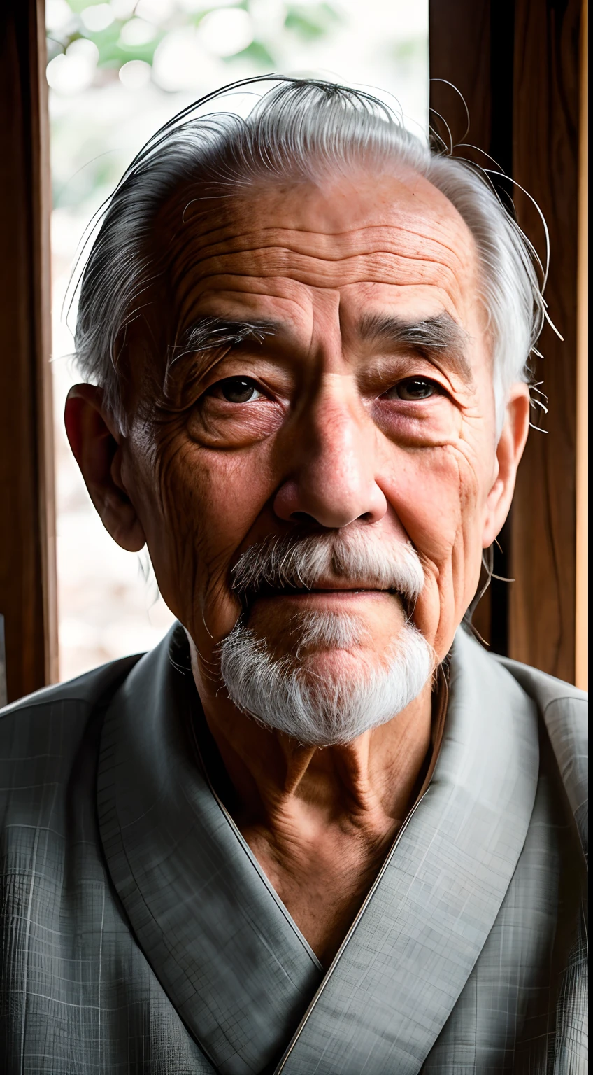 RAW mid range photos of an old wise man in Japan looking at the camera, Cinematic, detaile, Photorealistic, hyper realistic photography, 8K UHD, Digital SLR, Soft lighting, High quality, Film grain, FUJI XT3, (master piece),