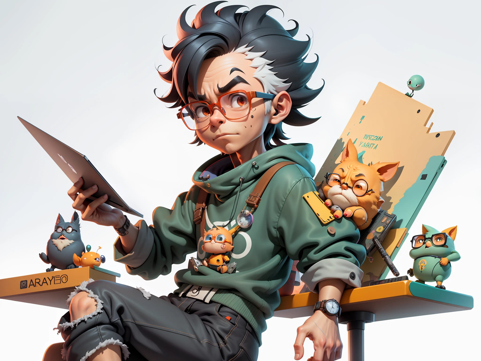 A young man with glasses sits at his desk，holding laptop，digitial painting，3D character design by Mark Clairen and Pixar and Hayao Miyazaki and Akira Toriyama，4K HD illustration，Very detailed facial features and cartoon-style visuals。