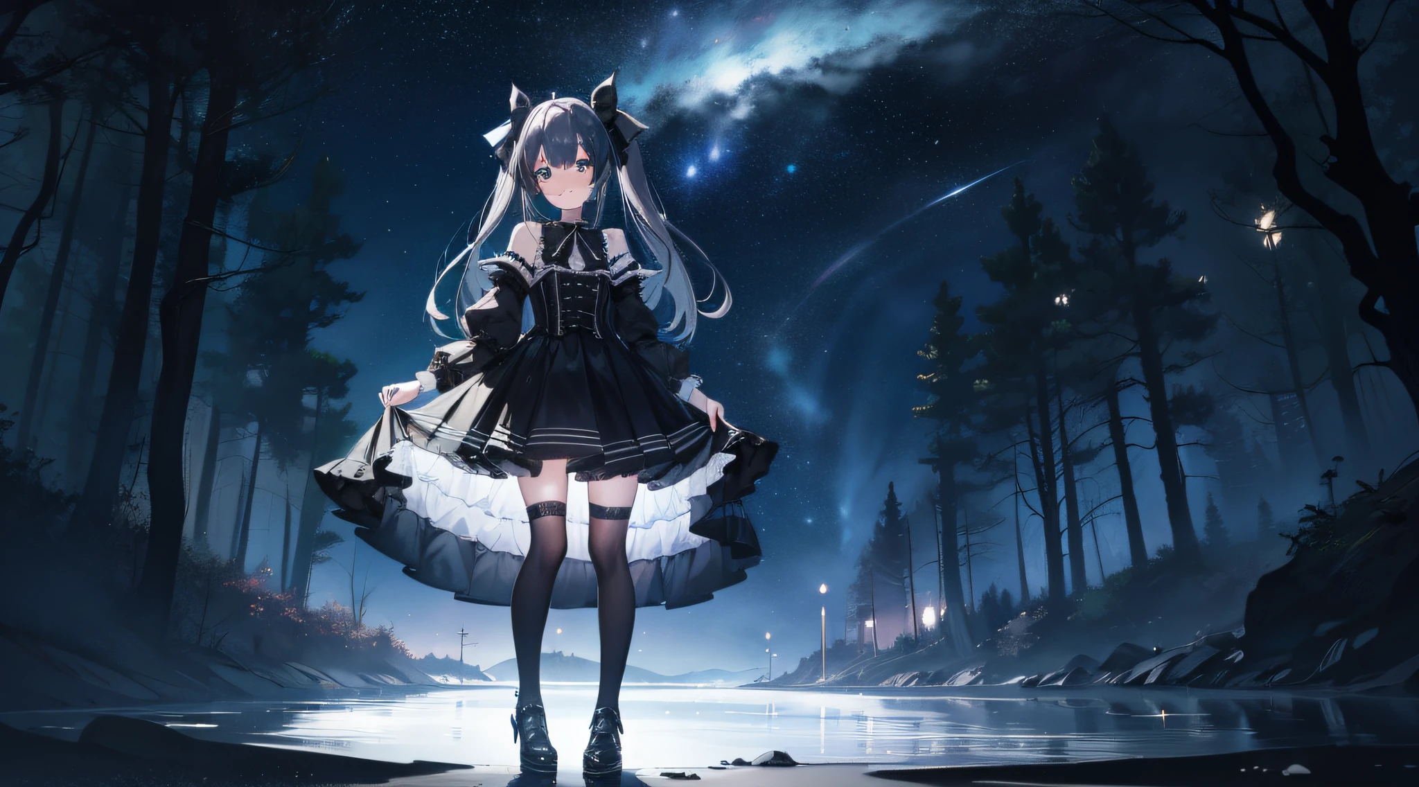 A teenage girl，starrysky，lakes，ln the forest，城市，neonlight，Black Lolita，blacksilk，Raised sexy，ssmile，sci-fy，Full body like