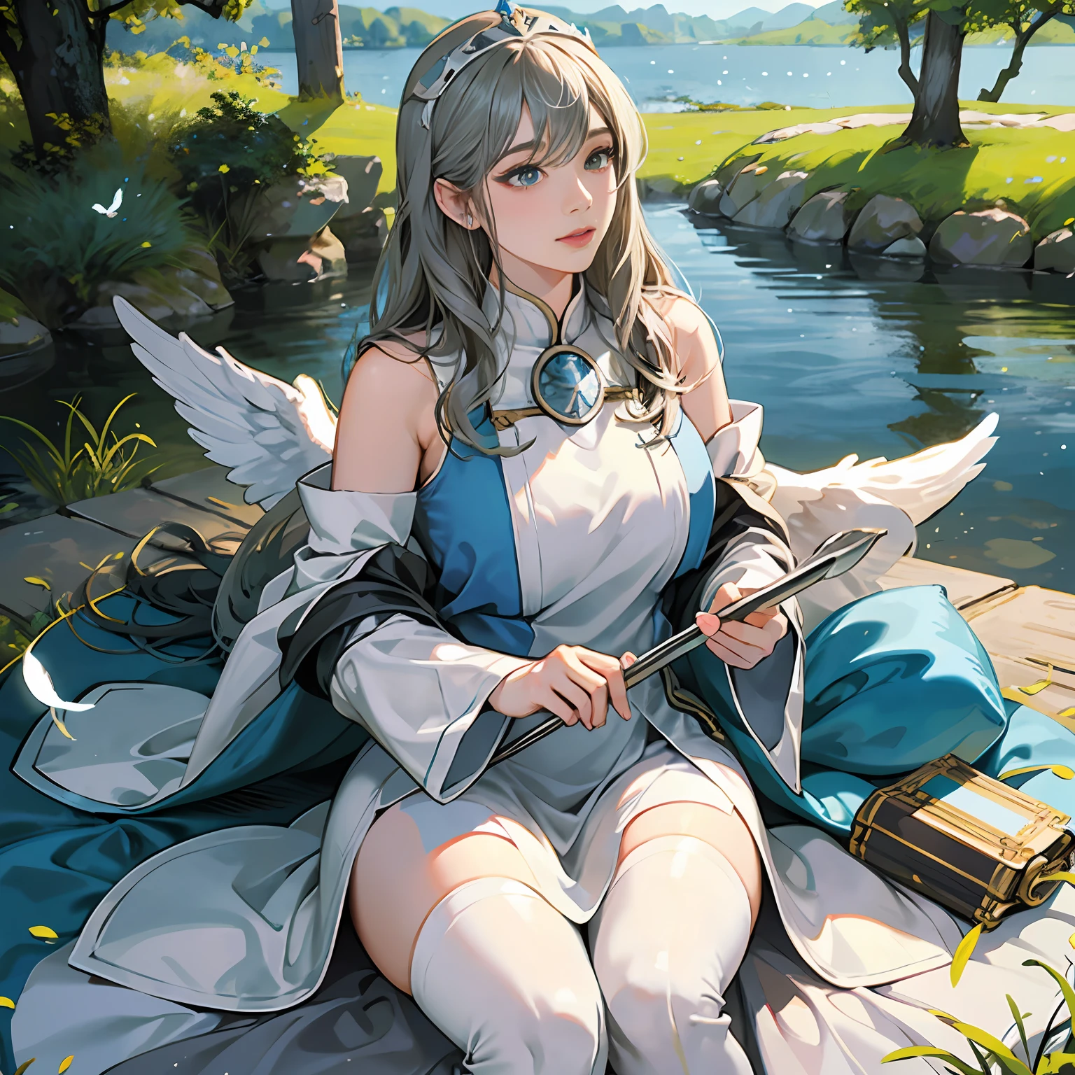 Women in Their 20s, 独奏, offcial art, unity 8k wall paper, ultra-detailliert, beautifly、Aesthetic, masterpiece, top-quality, Photorealsitic, a female angel、very massive white wings on the back,:2.0、3 pairs of wings left and right:2.0、Silver Armor Helmet:2.0、Silver Gauntlet、Knight's attire、valkyrie、White headdress with feather ornament、Holding a long steel spear in one hand、Circle of Angels Emitting Light、light magic、depth of fields, Fantastic atmosphere, Calm palette, tranquil mood, Soft shading、Forest and lake on background、 Blue sky and distant castles、Green Tree々、Beautiful Landscapes、bbw、very large breast、plump figure、Flock of white birds