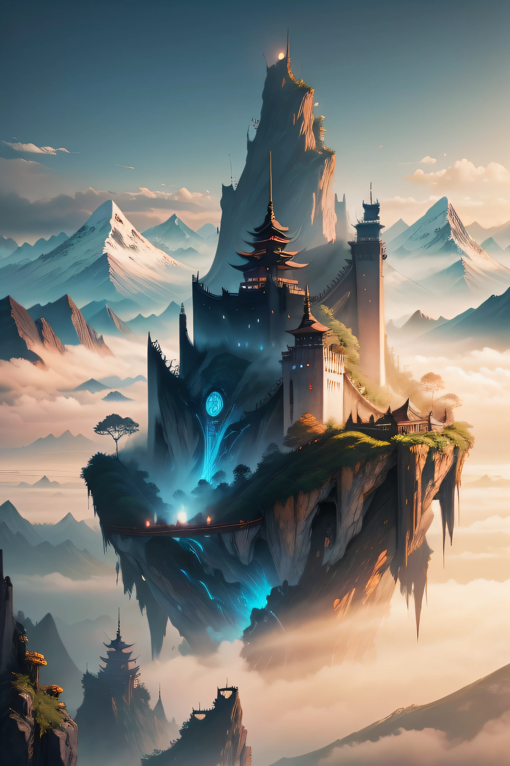 China ink painting,Floating mountains, the background is misty, game background, misty environment, 2 D game art background, loading screen, Detailed game art, Wonderland is ethereal,high qulity,Ultra-clear,Sense of space,Layered,