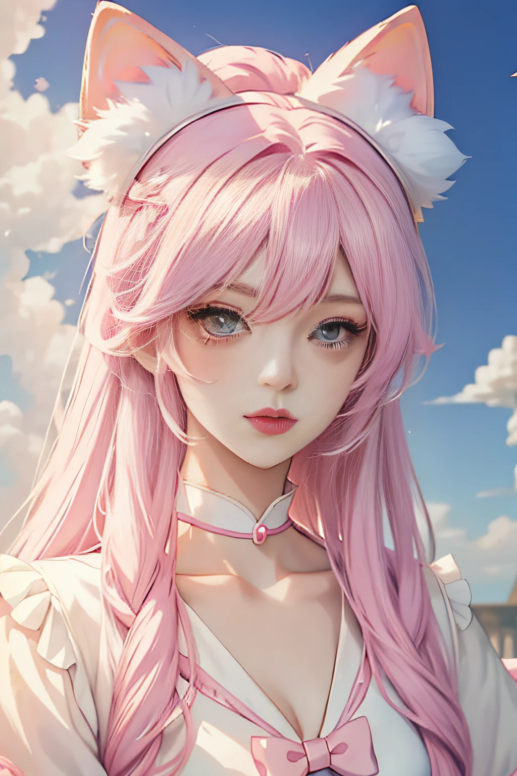 Anime girl pink hair white bow, , Beautiful character painting, , Stunning anime face portrait handsome royal sister cat ears