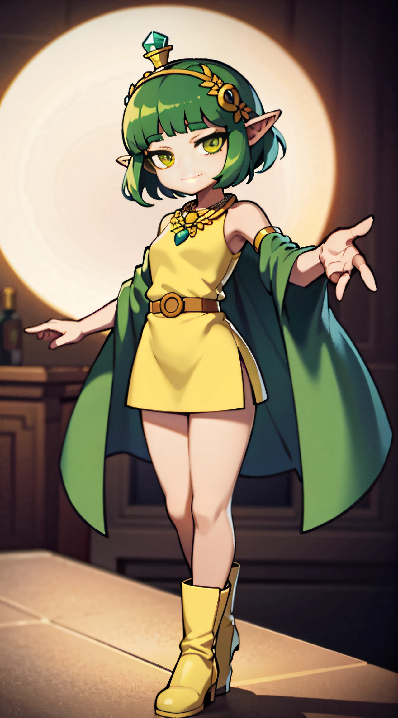 Q version girl,Small Man,Big dark green eyes,Danfeng Eyes,ssmile,Green hair,short detailed hair,Flat bangs,There are flower ornaments on the head,There are crystal bottle decorations,elvish ears,Green crystal necklace,Yellow-green long dress,Delicate belt,Dark green boots,Frontal Standing Posture,Hands naturally droop,solid color backdrop,nothing background,white backgrounid,Q version,full bodyesbian,