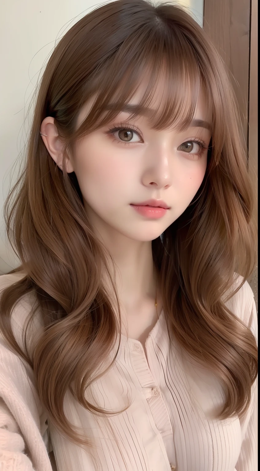 Portrait of autumn and winter sweet casual hairstyle。Hair color is caramel brown、Styling with straight bangs and natural waves。With rose pink lip and gold eyeshadow、Reflects a cozy and sweet look。