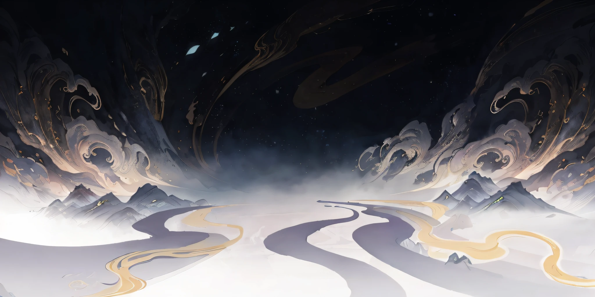 China ink painting,Floating mountains, the background is misty, game background, misty environment, 2 d game art background, loading screen, Detailed game art, Wonderland is ethereal,high qulity,ultra-clear,Sense of space,Layered,